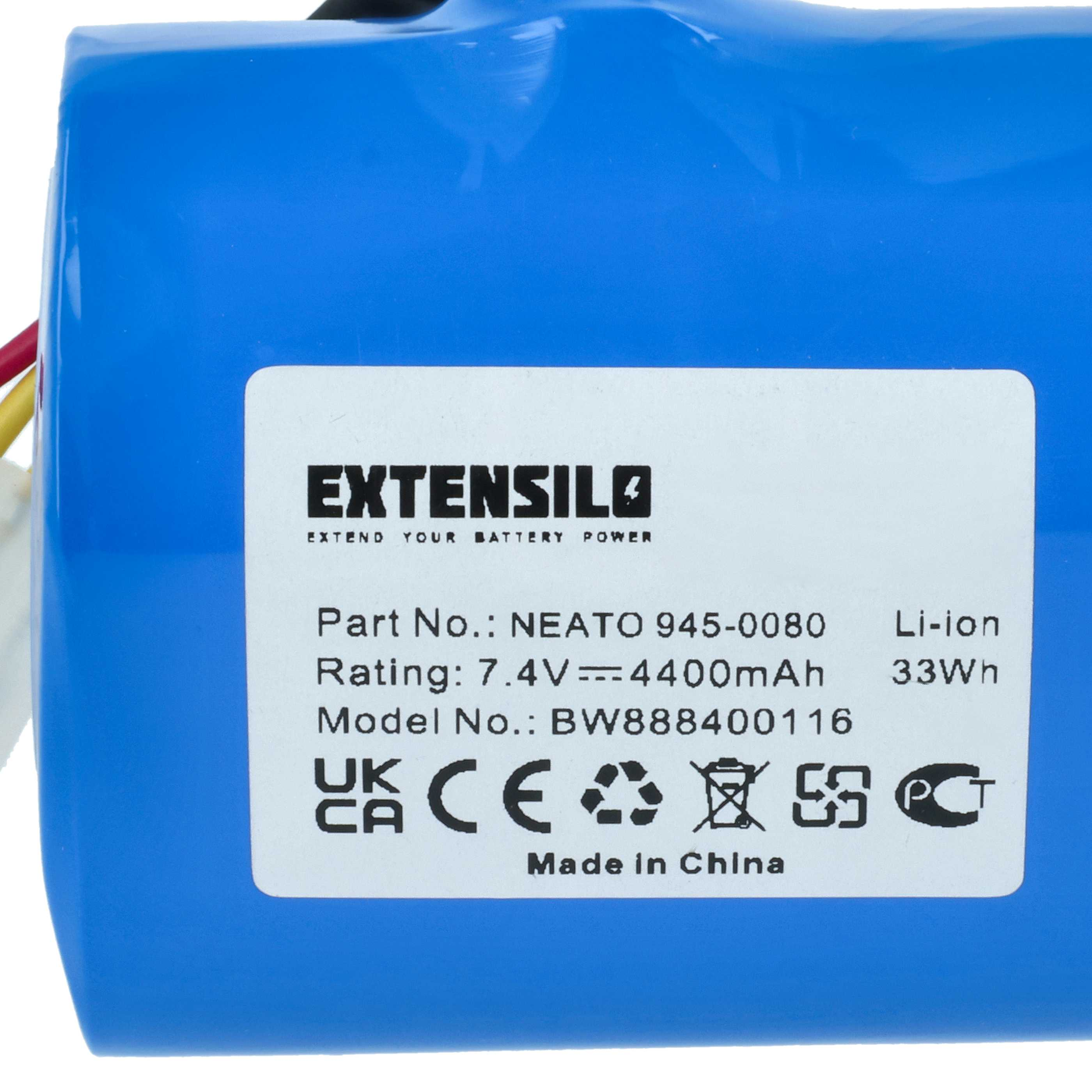Blaue Li-Ionen-Batterie mit weißem Extensilo-Etikett und technischen Daten.