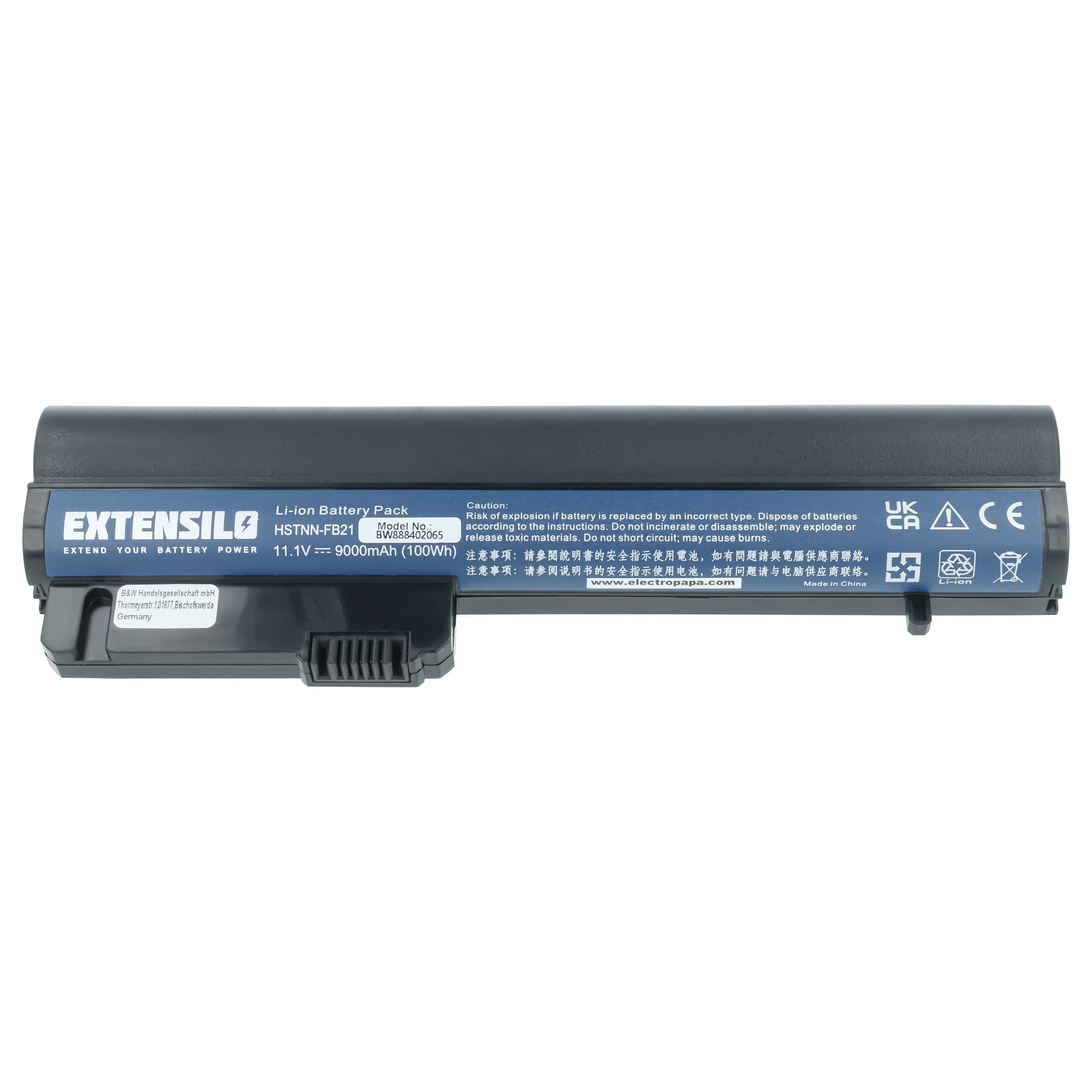 Ein schwarzer Extensilo Li-Ionen-Akku mit technischen Daten und Sicherheitshinweisen auf einem Etikett.