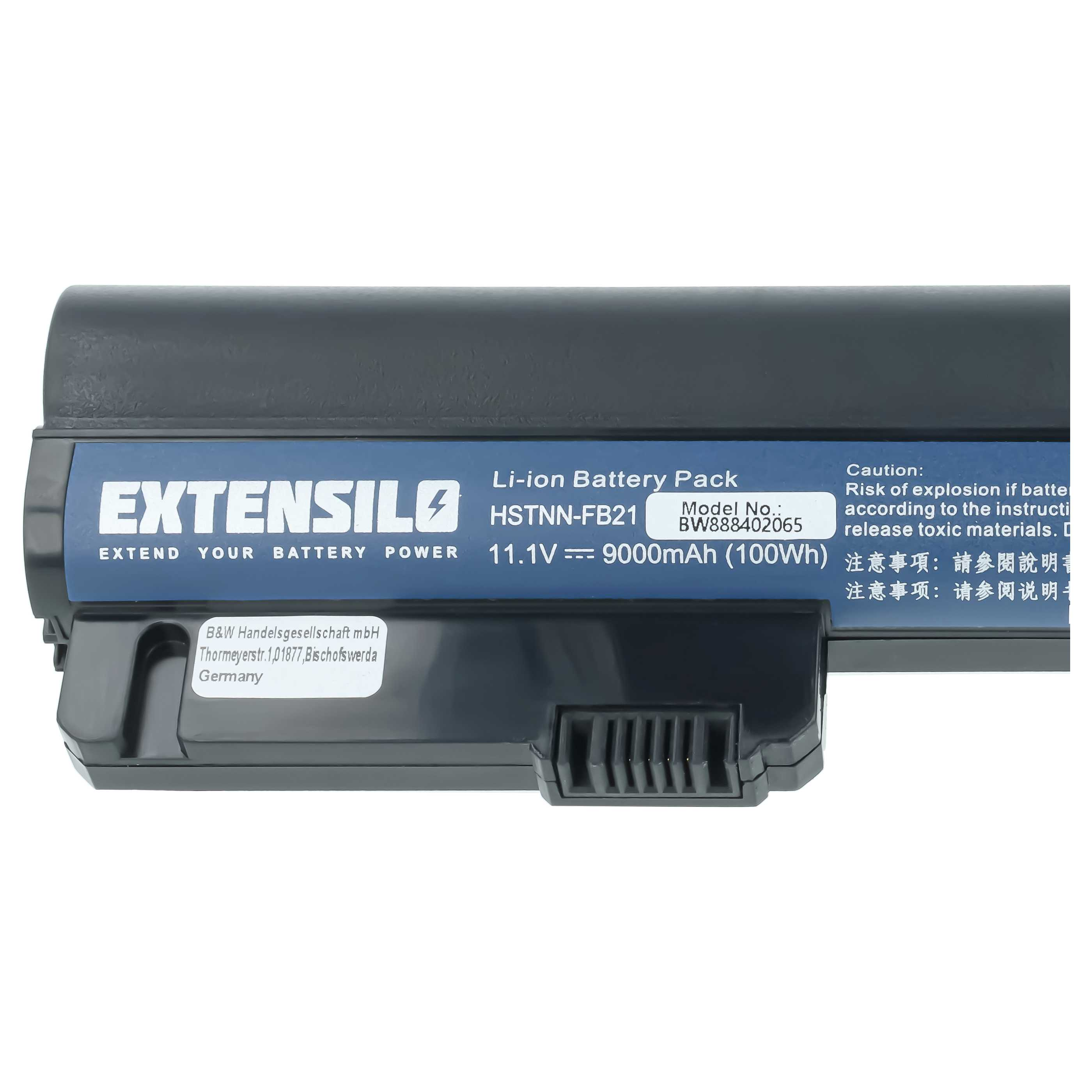 Ein schwarzer Extensity Li-Ionen-Akku mit blauen Etikett, das Modell- und Leistungsinformationen zeigt.