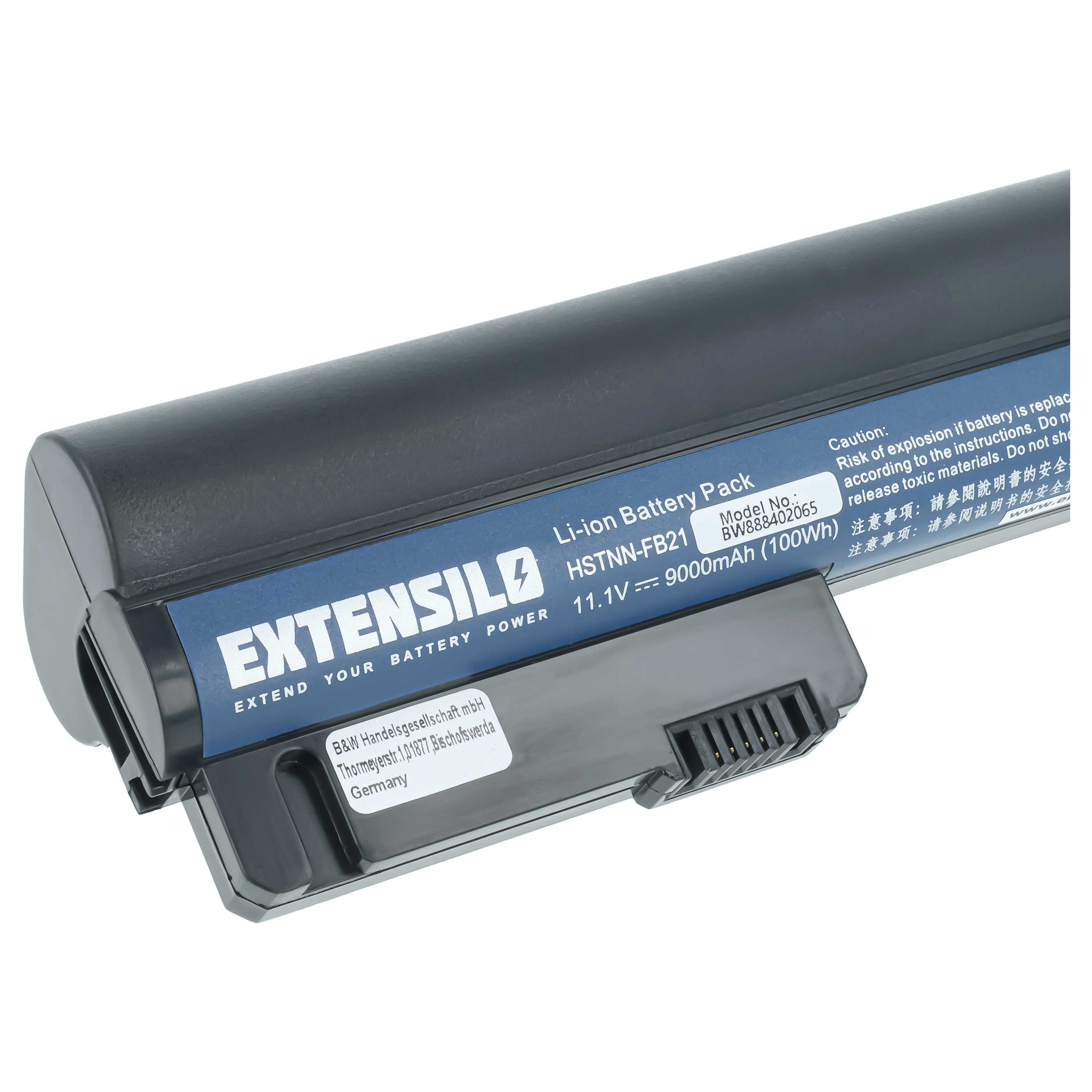 Schwarzer Extensilo Li-Ionen-Akku mit blauen und weißen Beschriftungen.