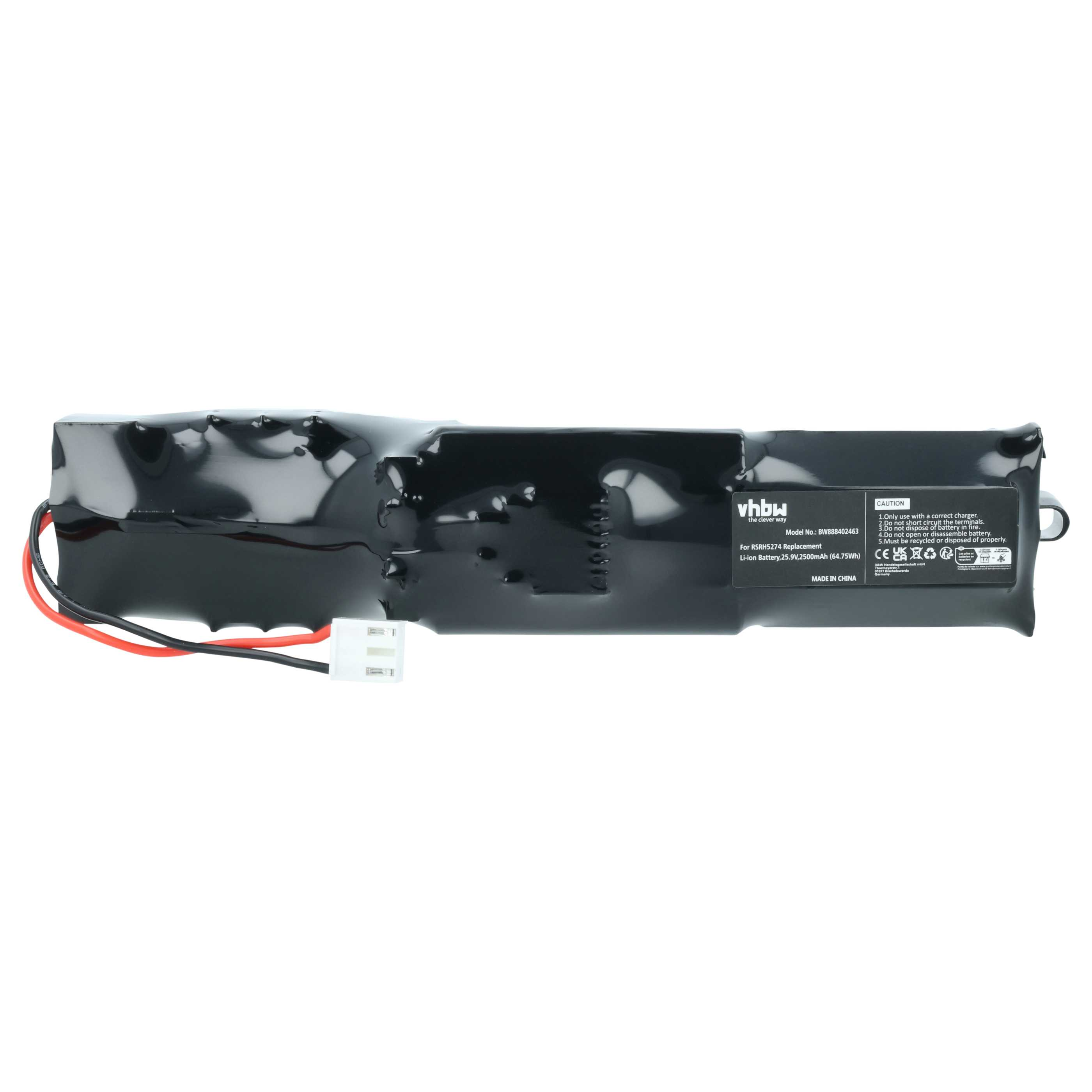 Ein schwarzer Li-Ionen-Akku mit weißem Stecker und Typenetikett auf weißem Hintergrund.