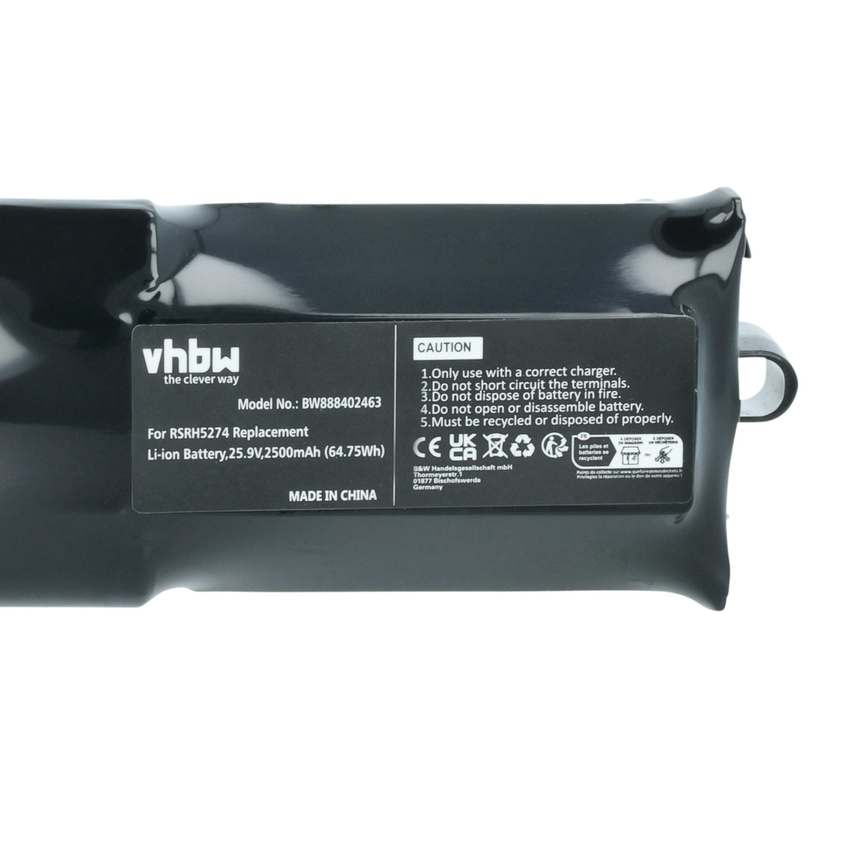 Schwarze vhbw Li-Ionen-Ersatzbatterie mit technischen Daten und Sicherheitshinweisen auf dem Etikett.