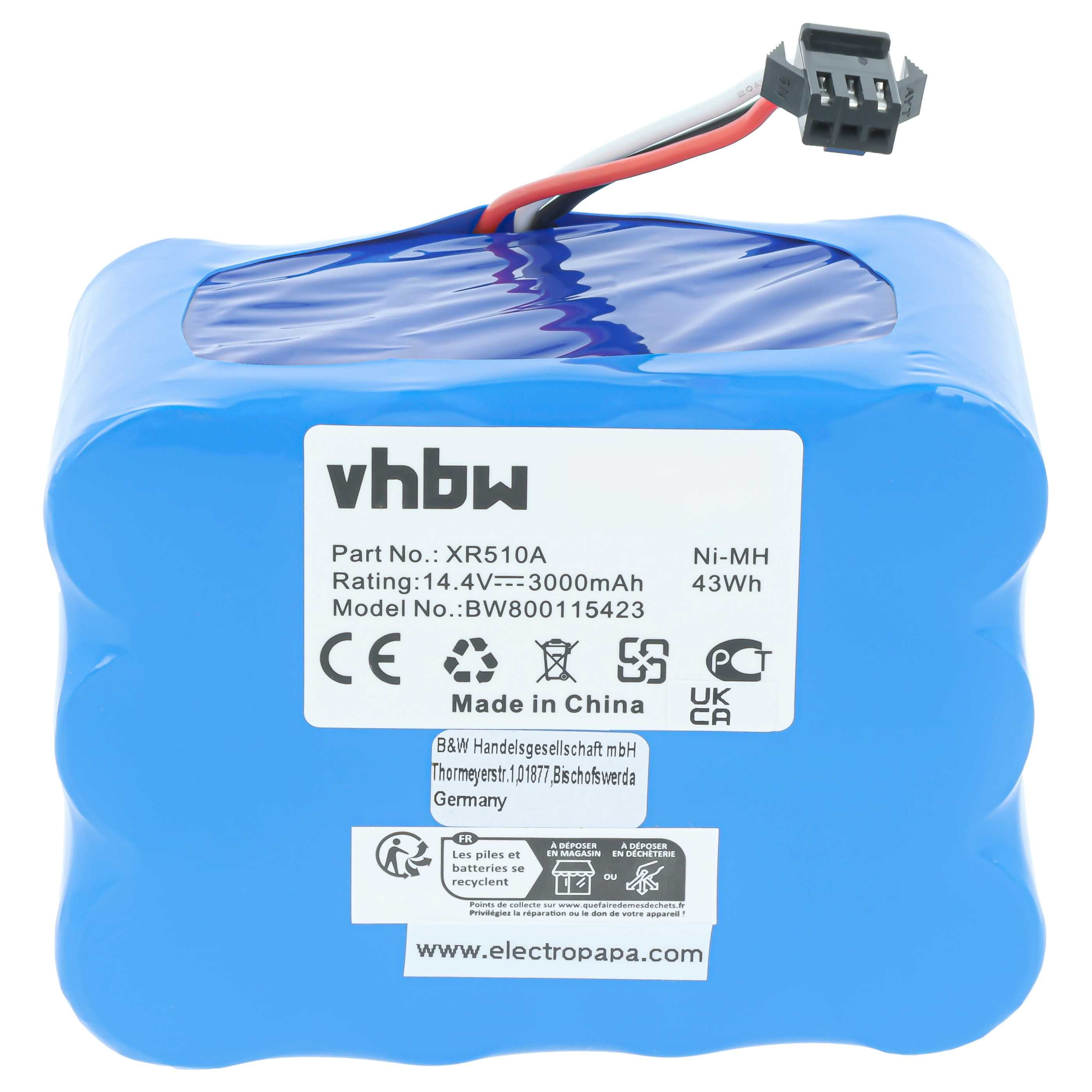 Ein blauer vhbw Ni-MH Akku mit rotem und weißem Kabel und schwarzem Stecker vor weißem Hintergrund.