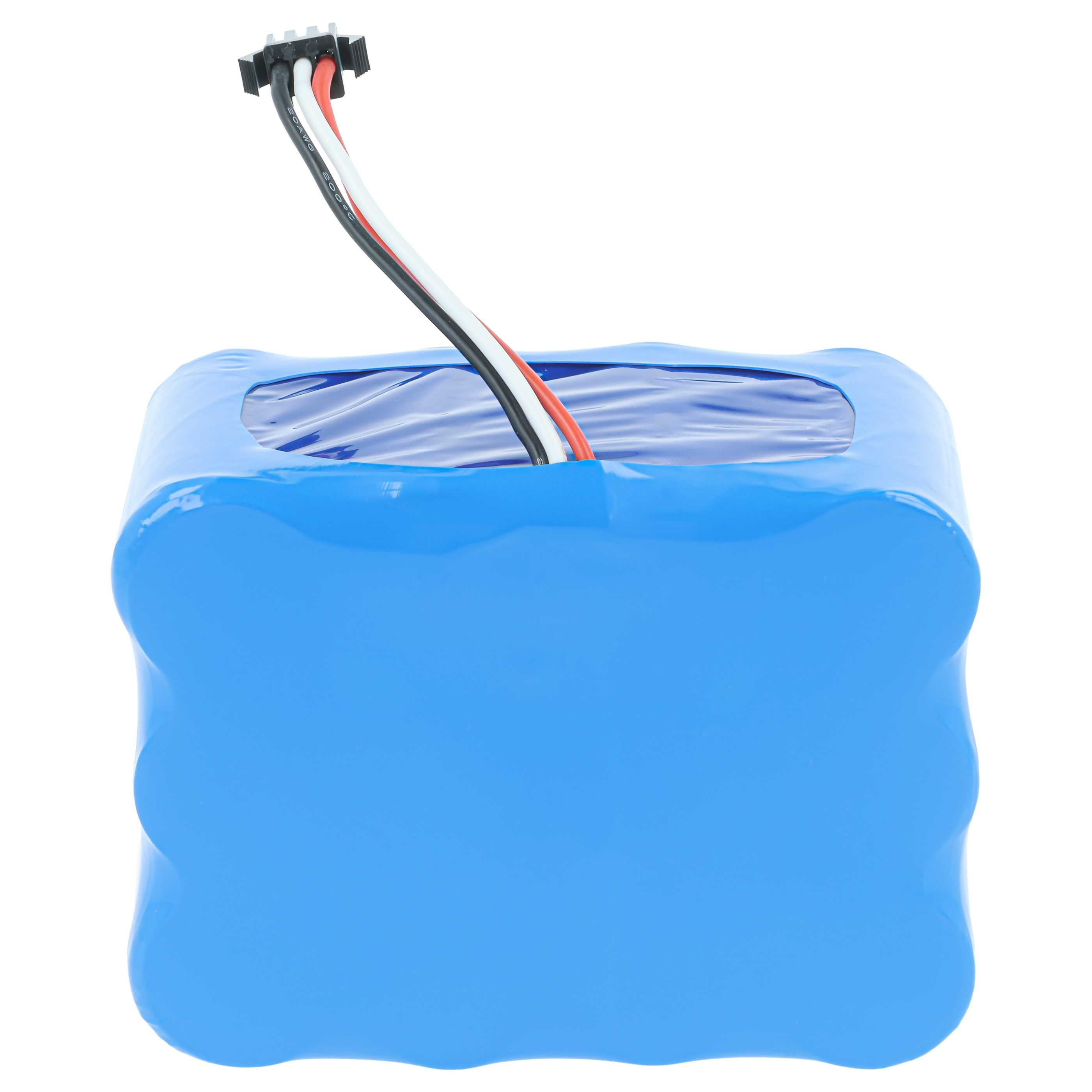 Ein blauer Lithium-Ionen-Akku mit drei Kabeln und einem Stecker auf weißem Hintergrund.