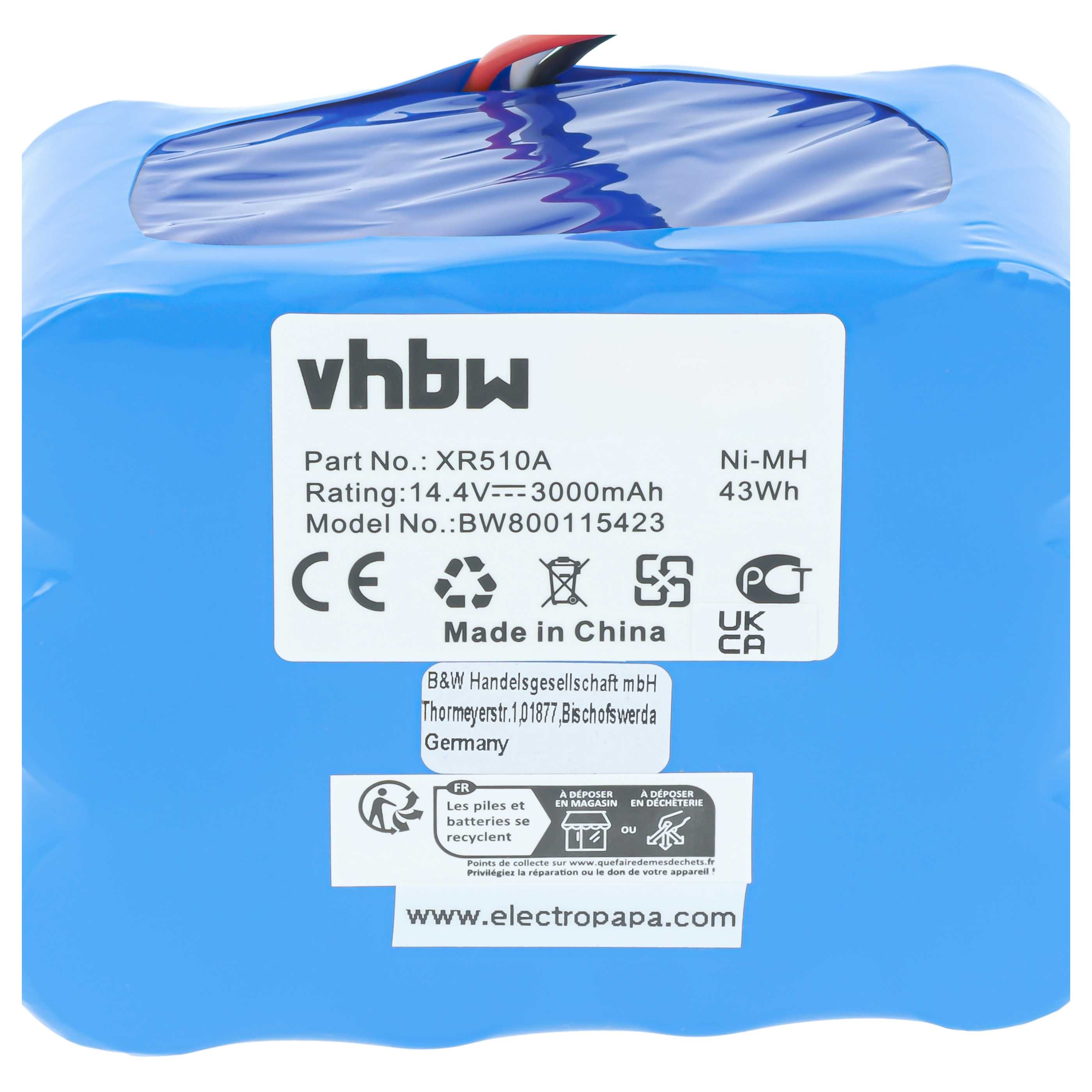 Ein blaues Ni-MH-Akkupaket in Plastik mit weißem Etikett, technischen Daten, Zertifizierungslogos und Text.