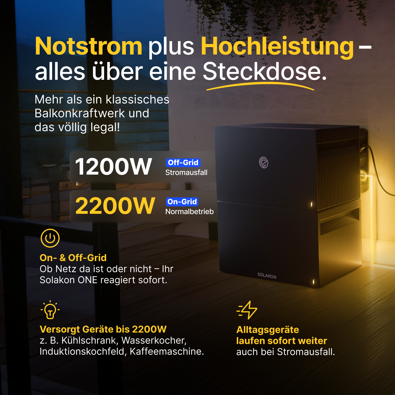 Werbebild für Solakon ONE Notstrom-Balkonkraftwerk mit 1200W/2200W Leistung.