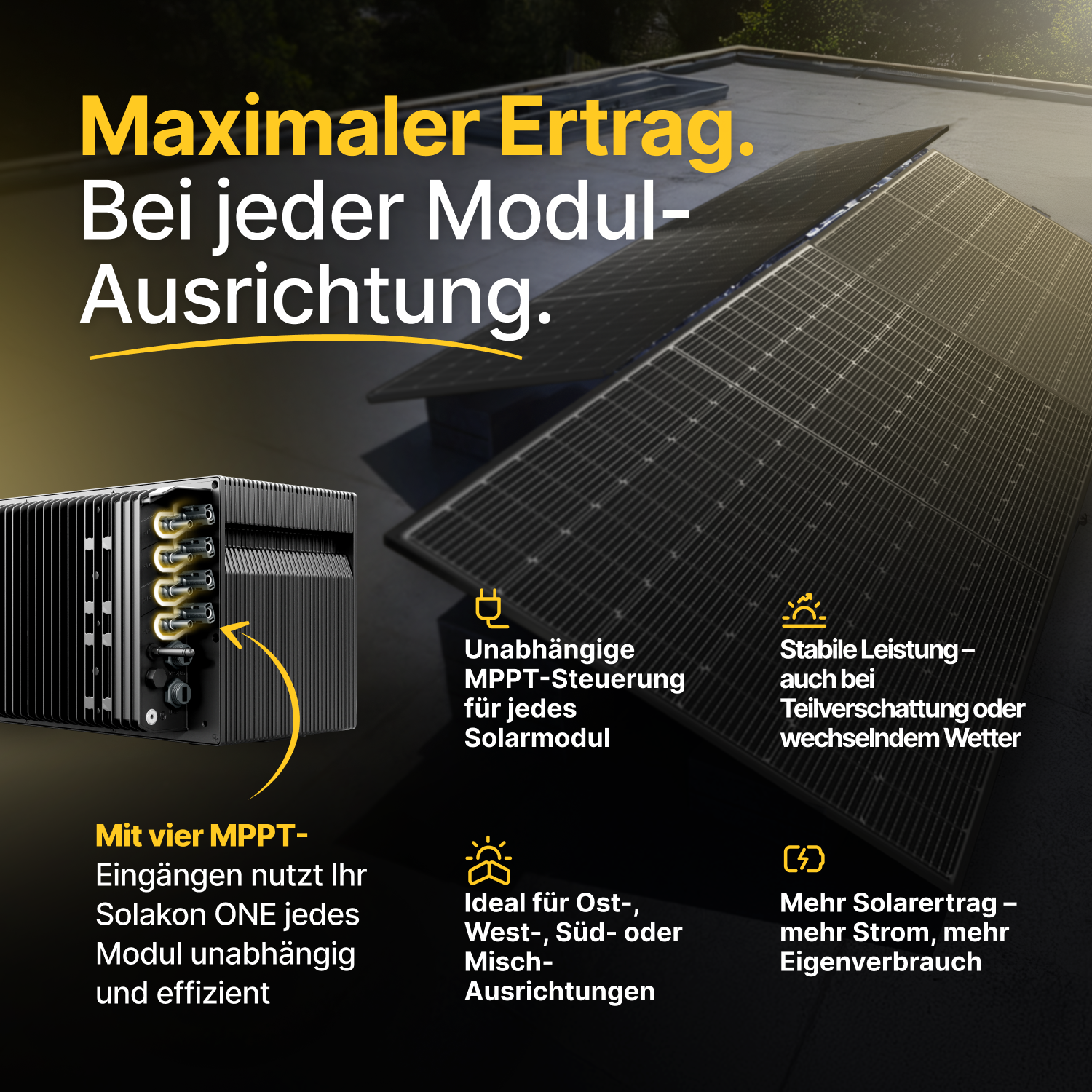 Solakon ONE Inverter mit vier MPPT-Eingängen und Solarpanelen auf einem Dach.