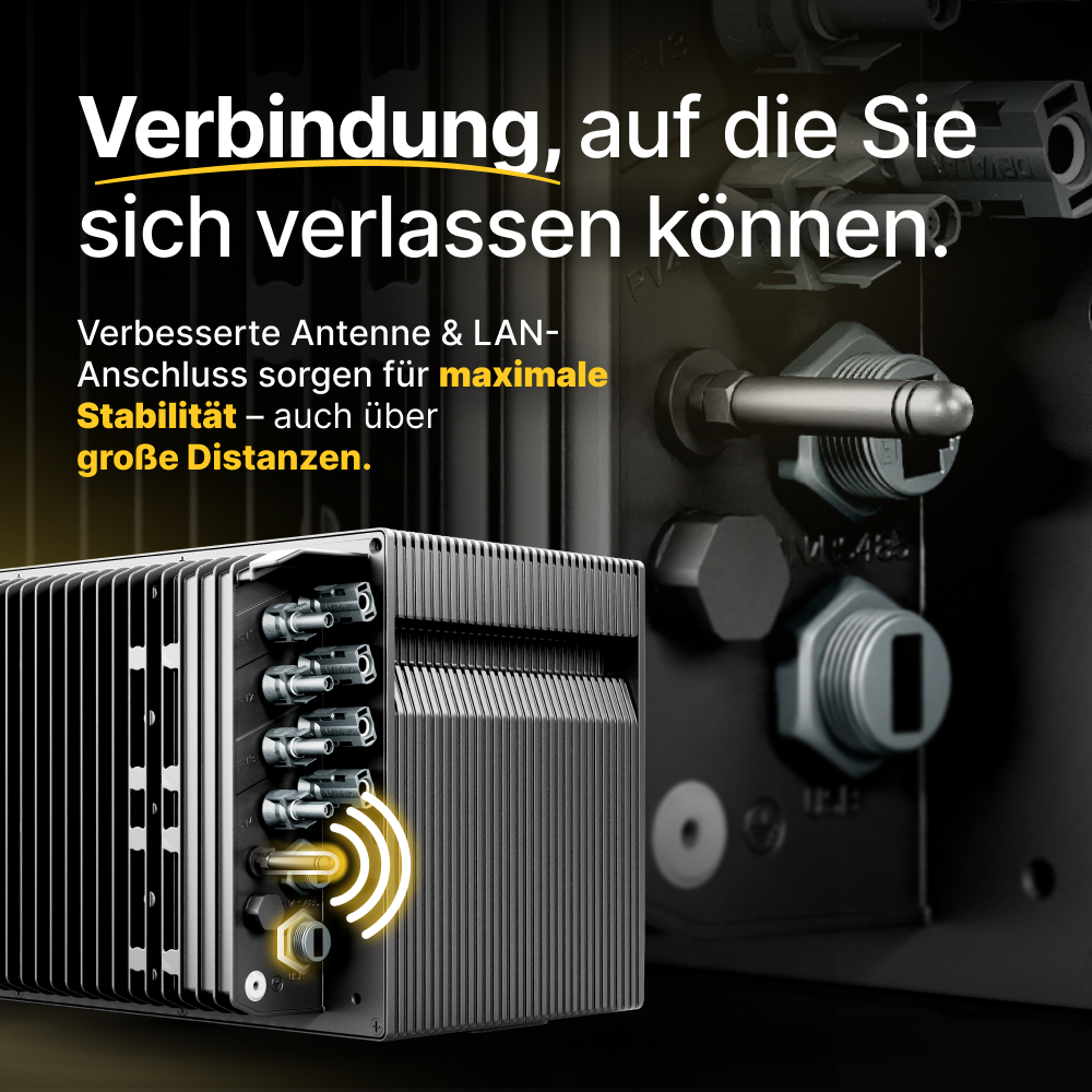Technisches Gerät mit Anschlüssen und deutscher Werbeinschrift für eine zuverlässige Verbindung.