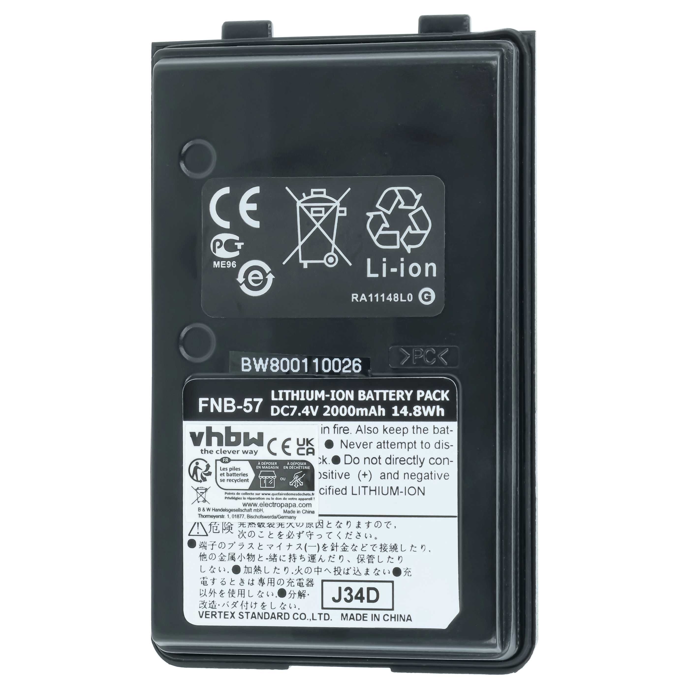 Schwarzer Lithium-Ionen-Akku mit technischen Daten und Sicherheitshinweisen auf dem Etikett.