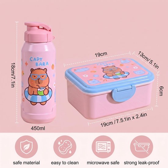 Rosa Set mit Capybara-Trinkflasche und Lunchbox samt Maßangaben und Symbolen.