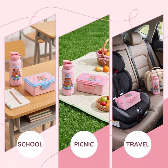 Drei Bilder zeigen eine pinke Capybara-Brotdose und -Flasche für Schule, Picknick und Reisen.