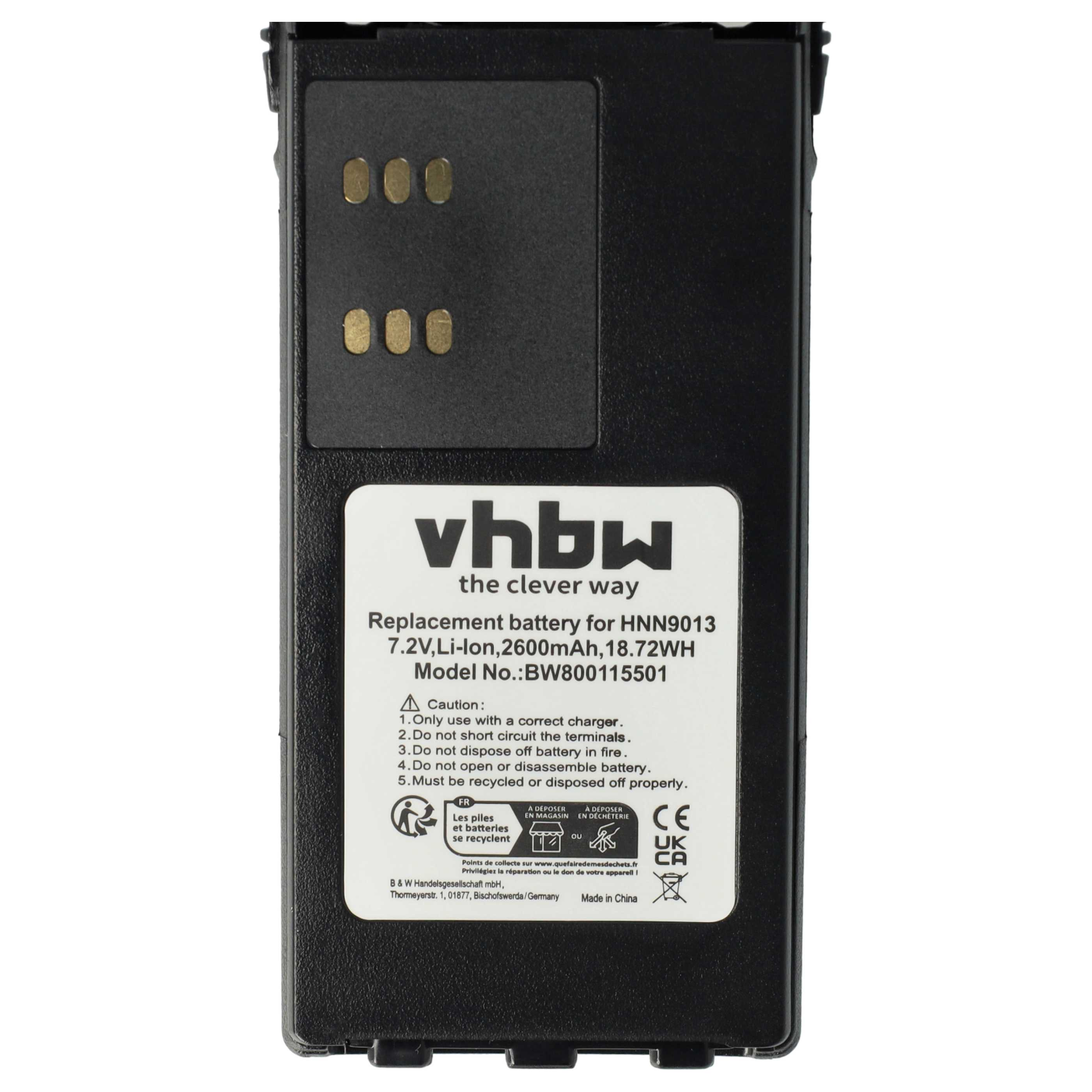 Schwarzer vhbw Ersatzakku mit Etikett, das technische Daten und Warnhinweise zeigt.