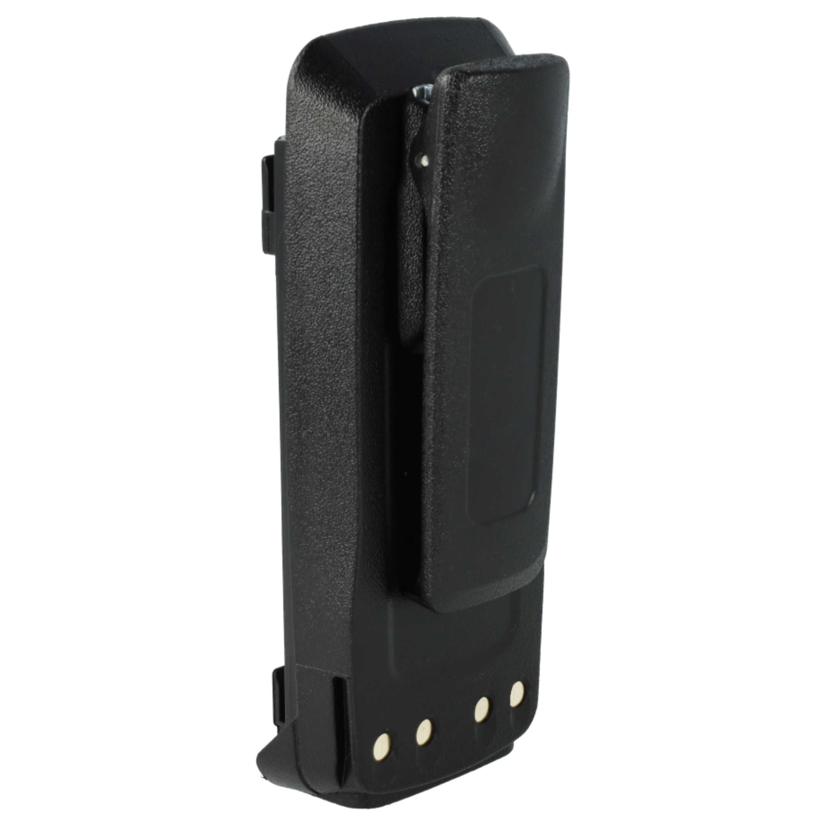 Schwarzer Akku mit integriertem Gürtelclip und vier goldenen Kontakten an der Unterseite.