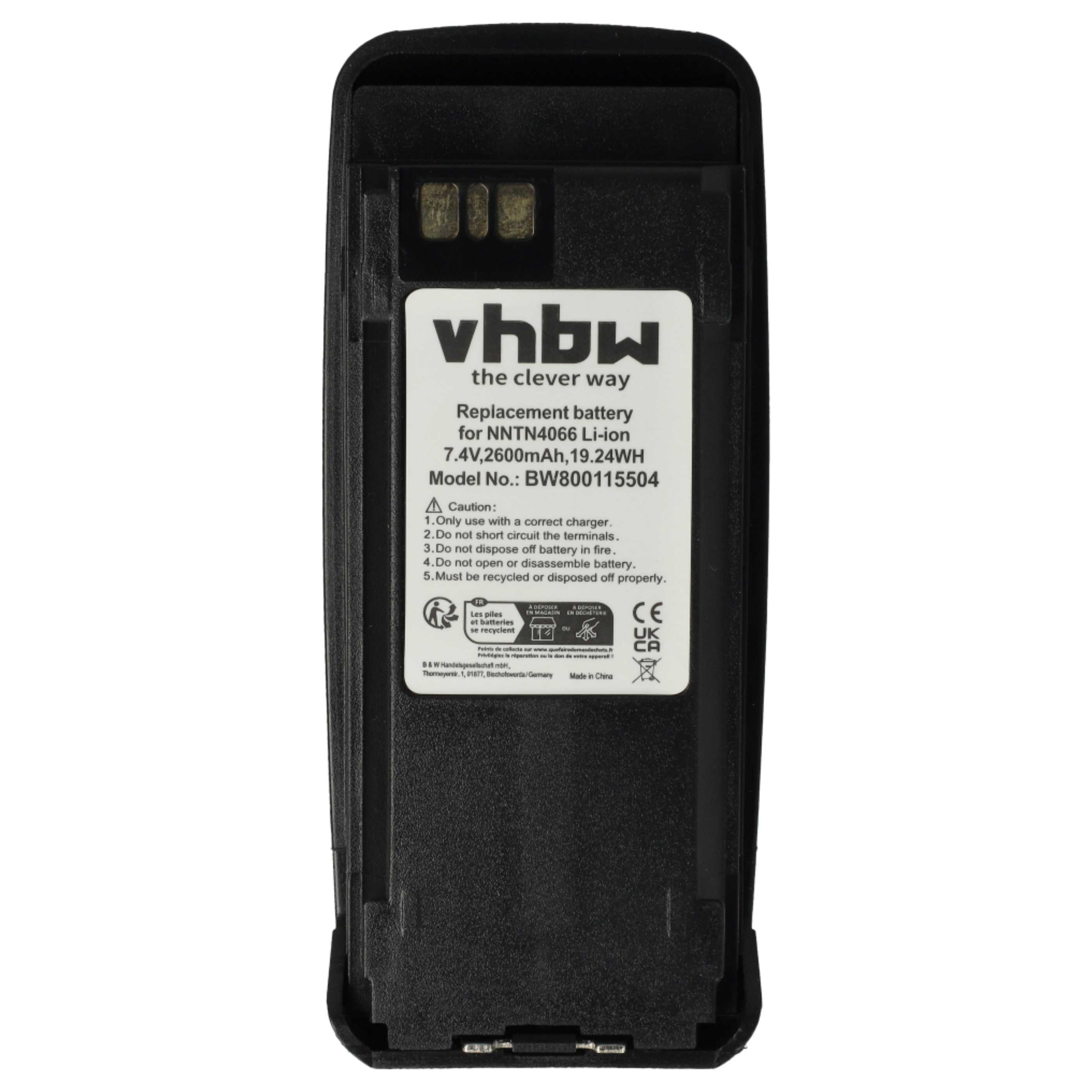 Schwarzer vhbw Ersatzakku mit Etikett, technischen Daten und Warnhinweisen.
