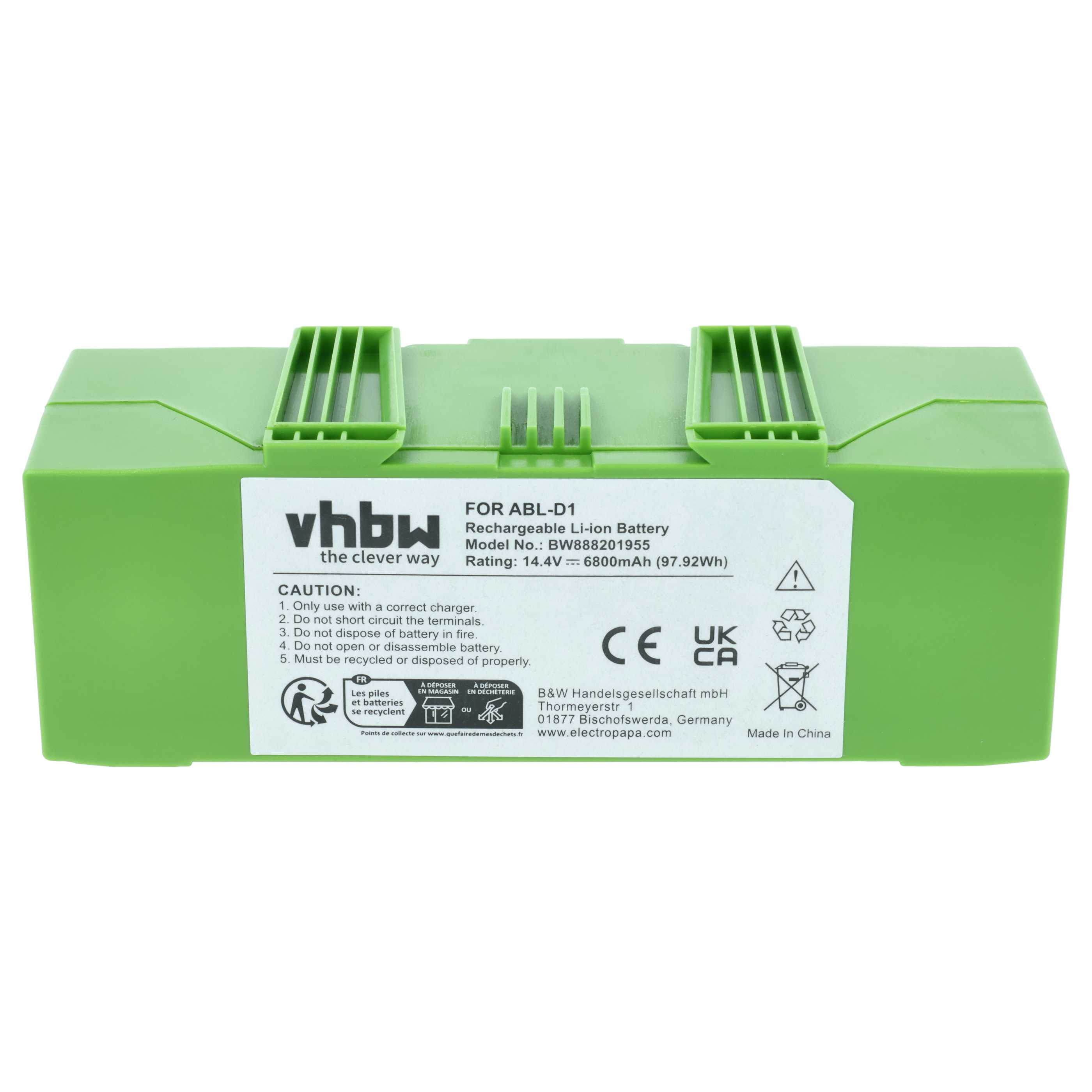 Grüner Vhbw Li-Ion Akku mit weißem Etikett und technischen Daten.