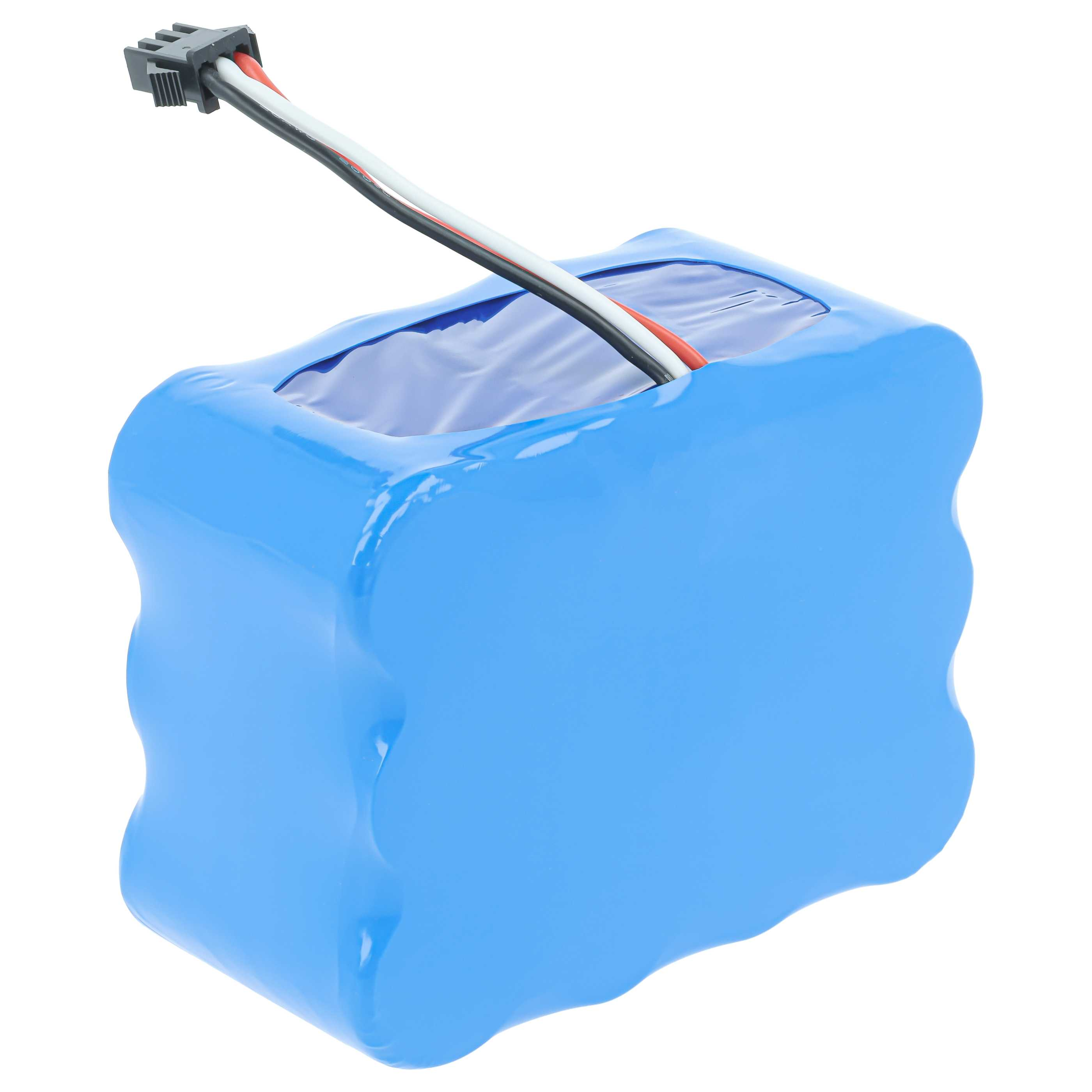 Ein rechteckiger, blau eingeschweißter Akku mit einem schwarzen, weißen und roten Kabel samt Stecker.