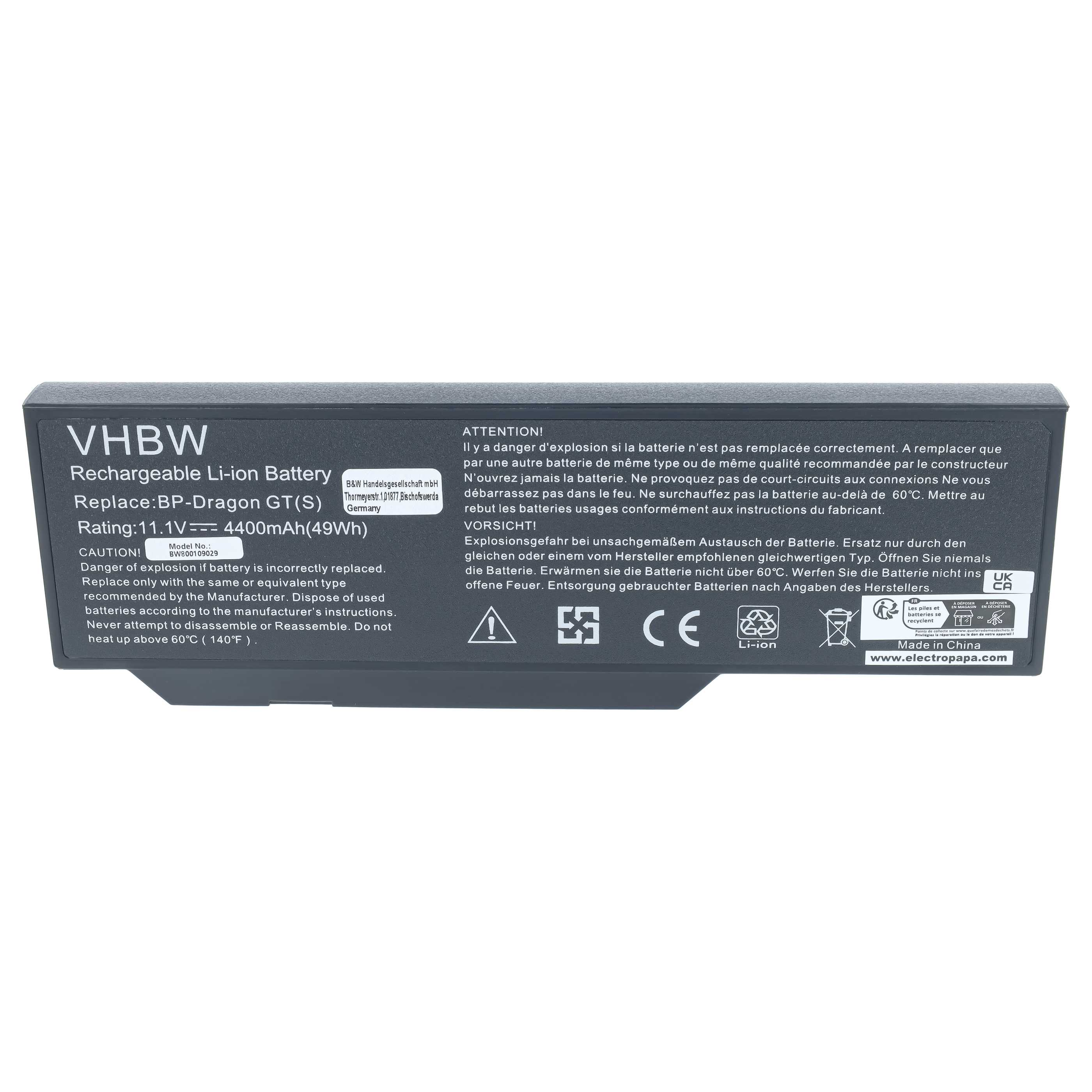 Schwarzer VHBW Li-Ionen-Akku mit technischen Daten und Sicherheitshinweisen.