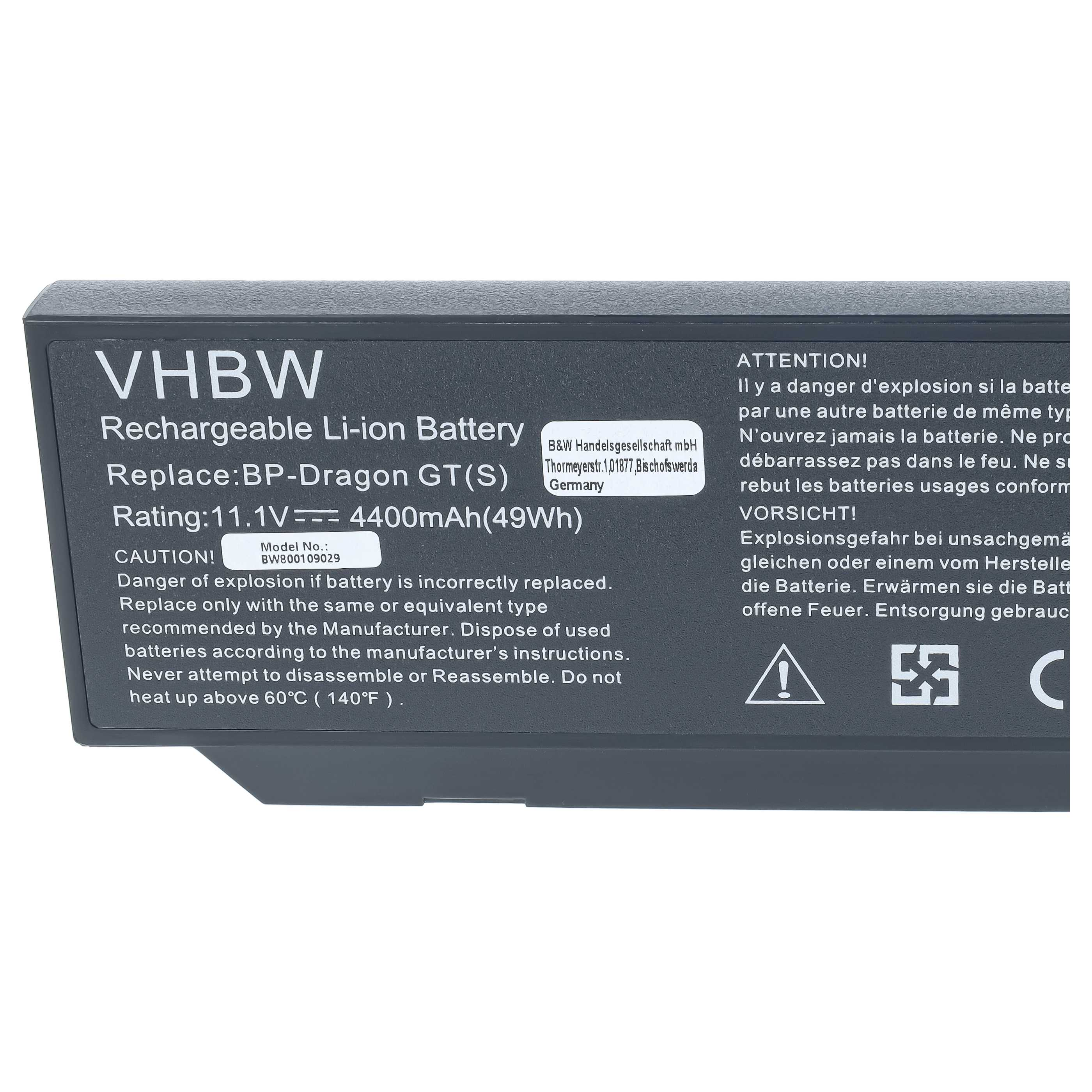 Label auf einem dunklen VHBW Li-Ionen-Akku mit technischen Daten und Sicherheitshinweisen.