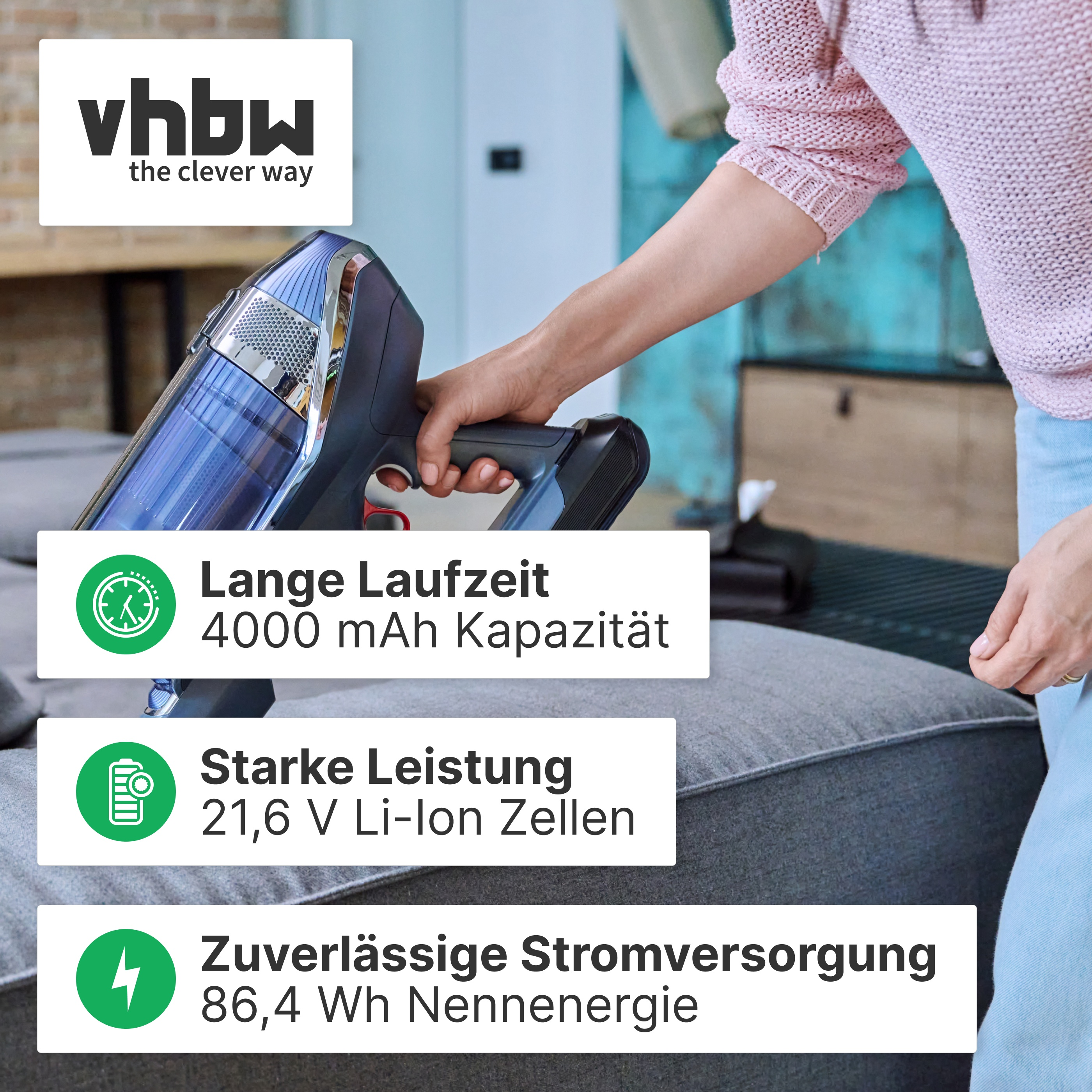 Handstaubsauger im Einsatz mit Textoverlays über Laufzeit, Leistung und Stromversorgung.