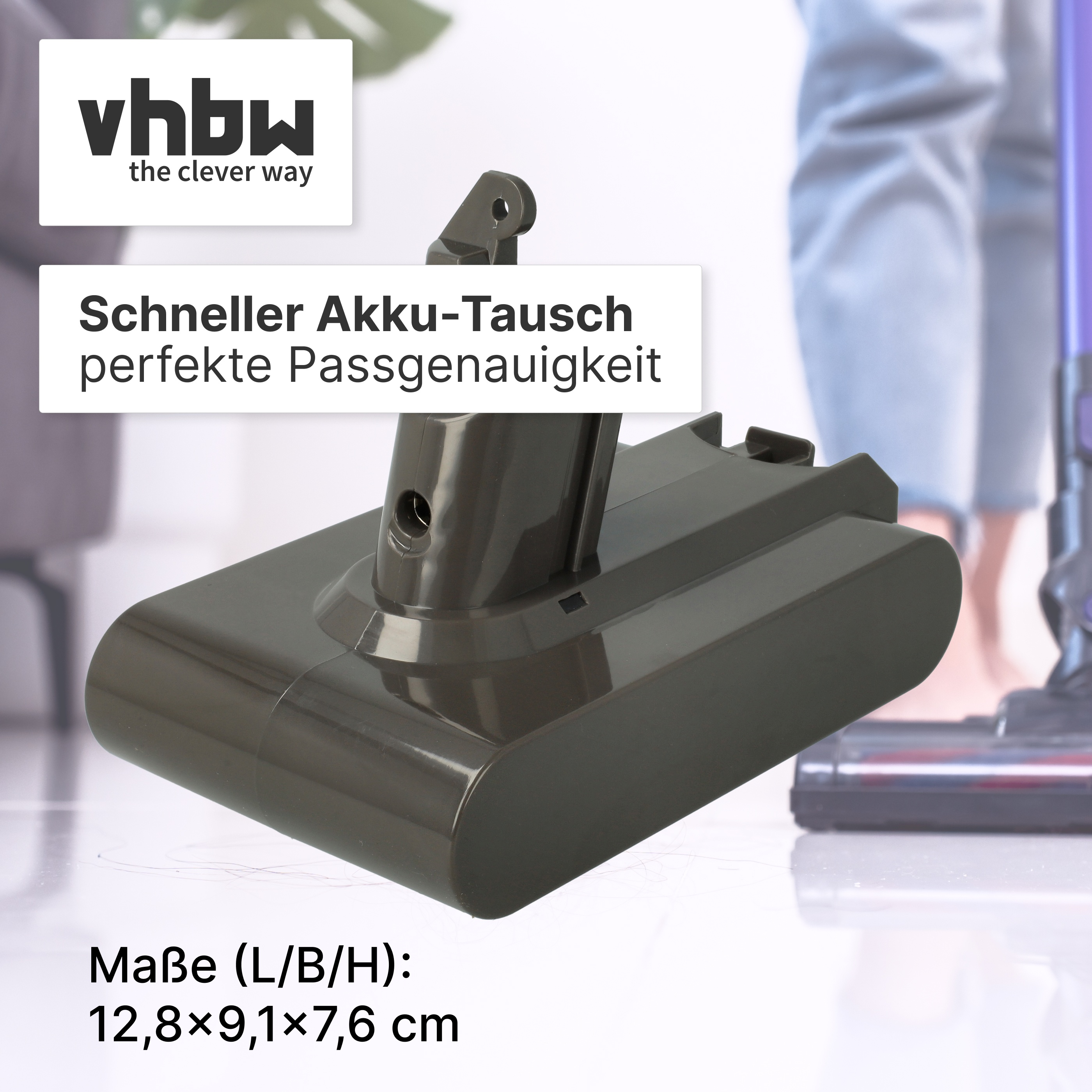 Grauer Ersatzakku für Staubsauger, mit Maßen und vhbw-Logo.
