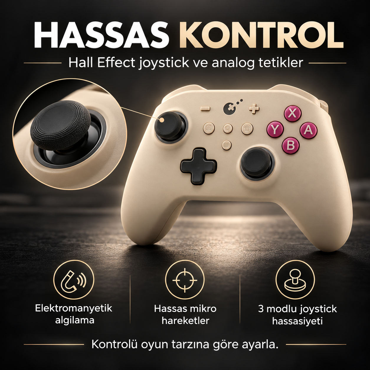 Koyu zemin üzerinde Hall Effect joystick ve eylem tuşlarına sahip bej renkli oyun kumandası.
