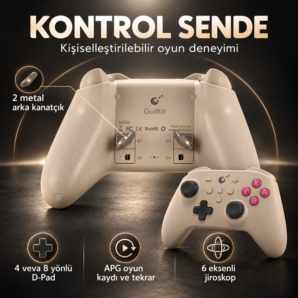 Koyu zemin üzerinde metal arka kanatçıklara ve ön tuşlara sahip bej renkli Gulikit oyun kumandası.