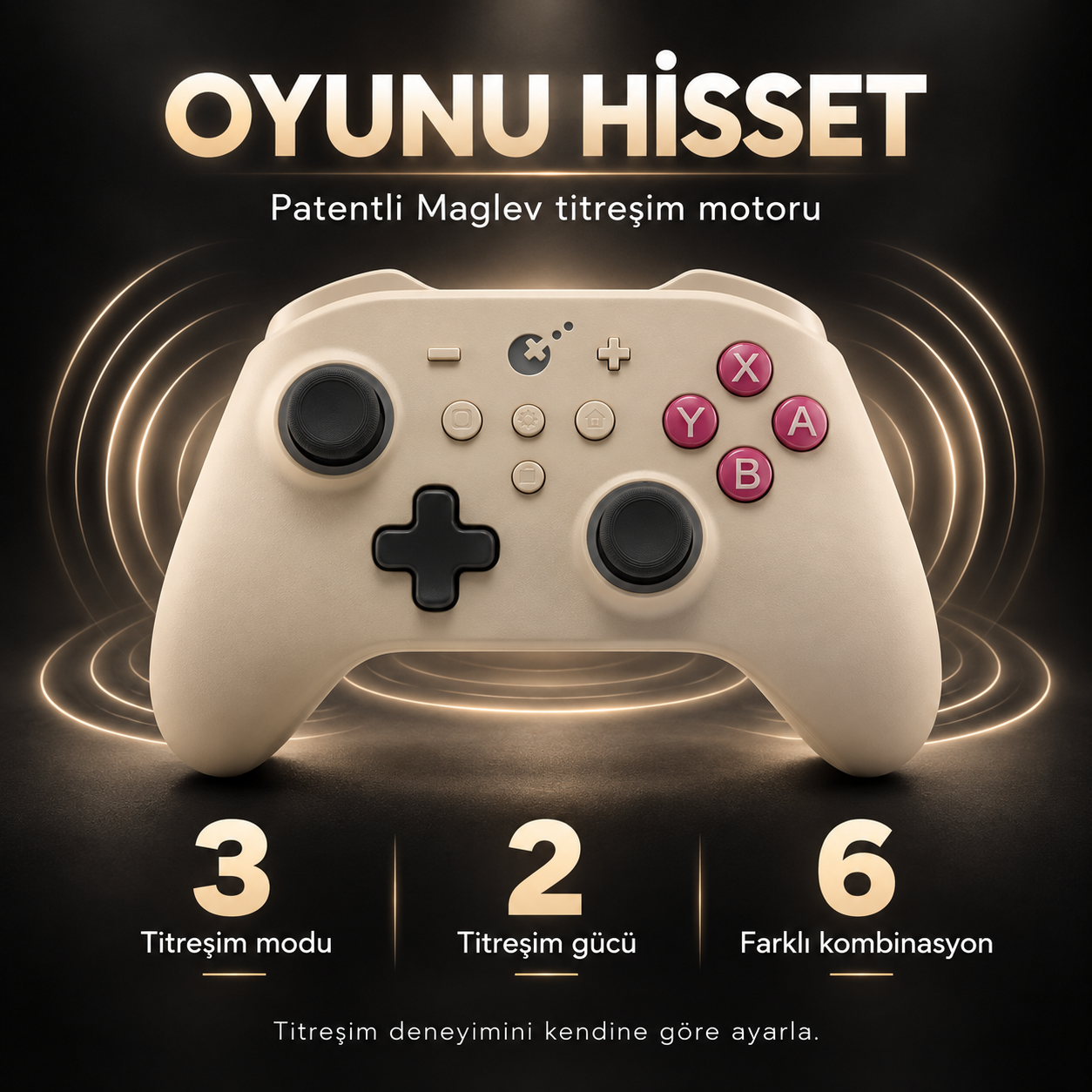 Altın dalgalı koyu arka plan üzerinde pembe tuşlu bej oyun kumandası.