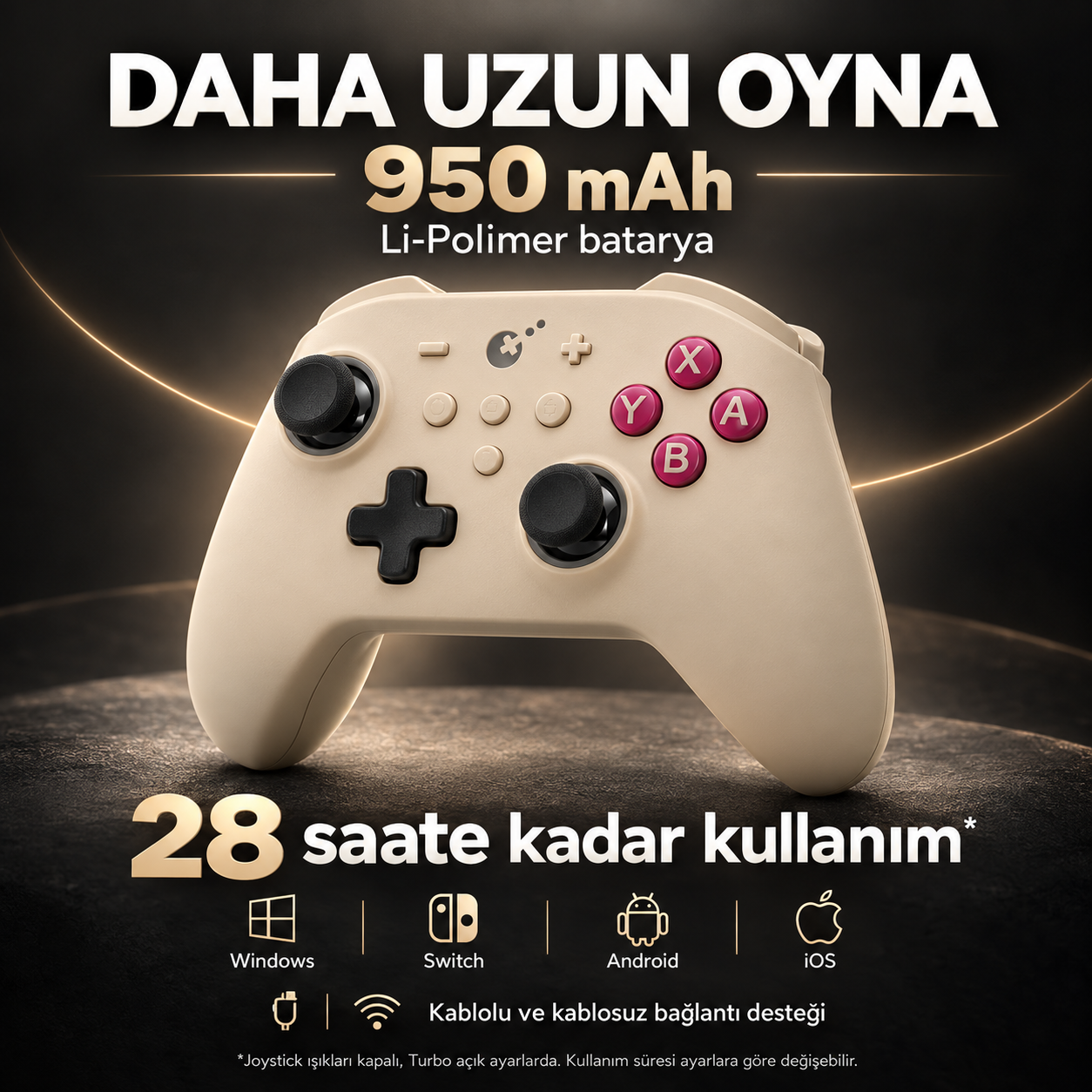 Renkli tuşlu, batarya detaylı ve platform uyumlu bej renkli kablosuz oyun kolu.