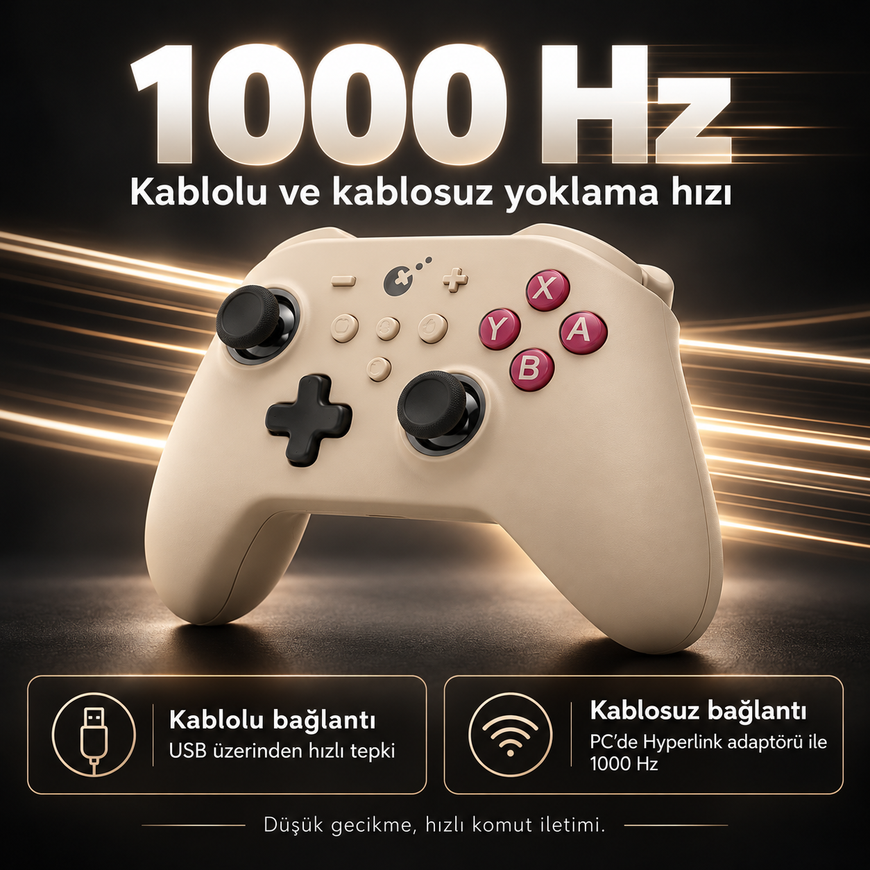 Karanlık arka planda 1000 Hz yoklama hızına sahip bej kablosuz ve kablolu oyun kumandası.