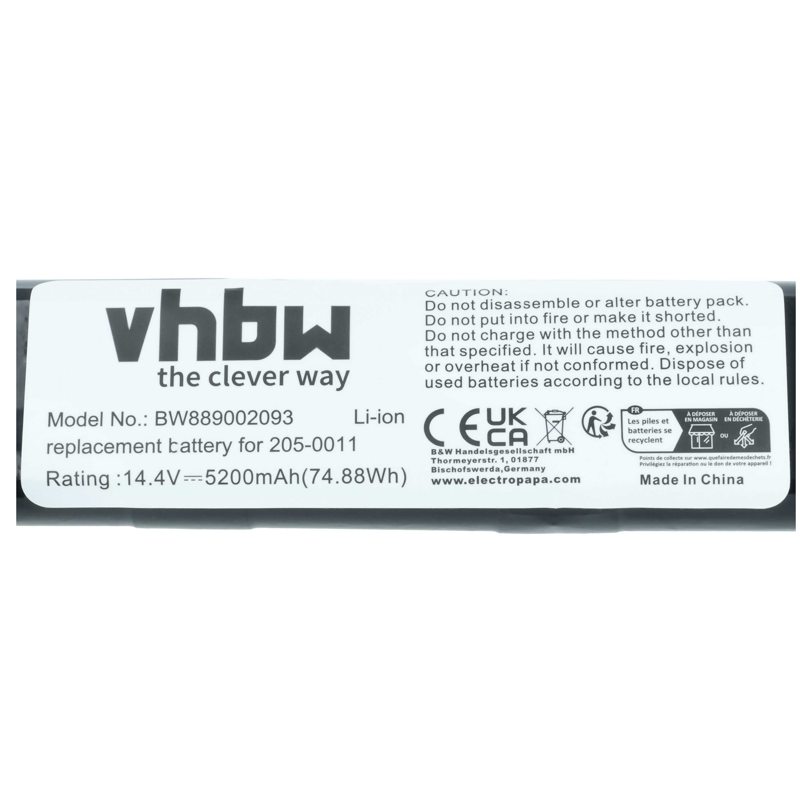 Aufkleber einer VHBW Lithium-Ionen-Batterie mit Modellnummer, technischen Daten, Sicherheitshinweisen und Recycling-Symbolen.