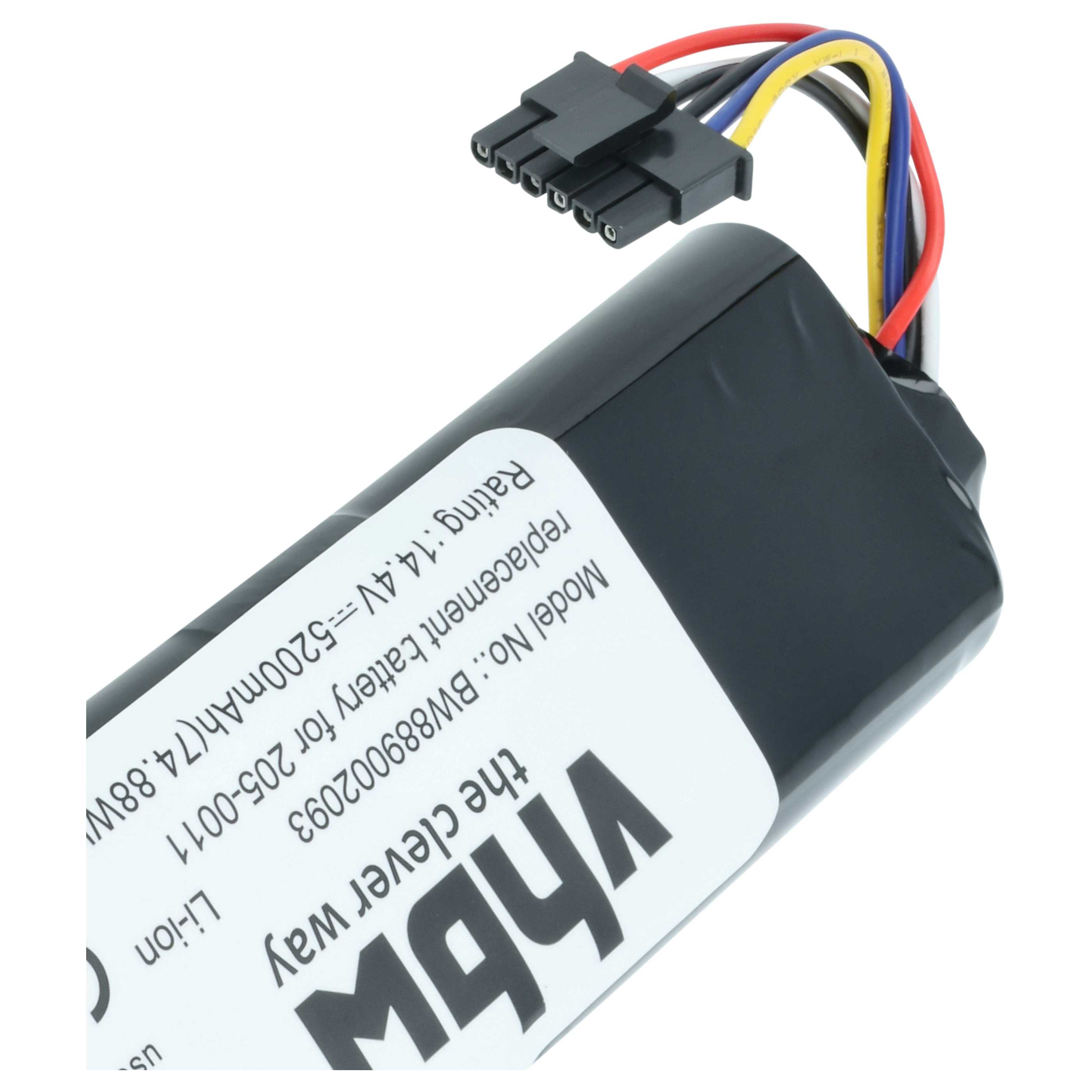 Ein schwarzer Lithium-Ionen-Akku mit weißem Etikett und einem schwarzen Anschlussstecker mit fünf Kabeln.