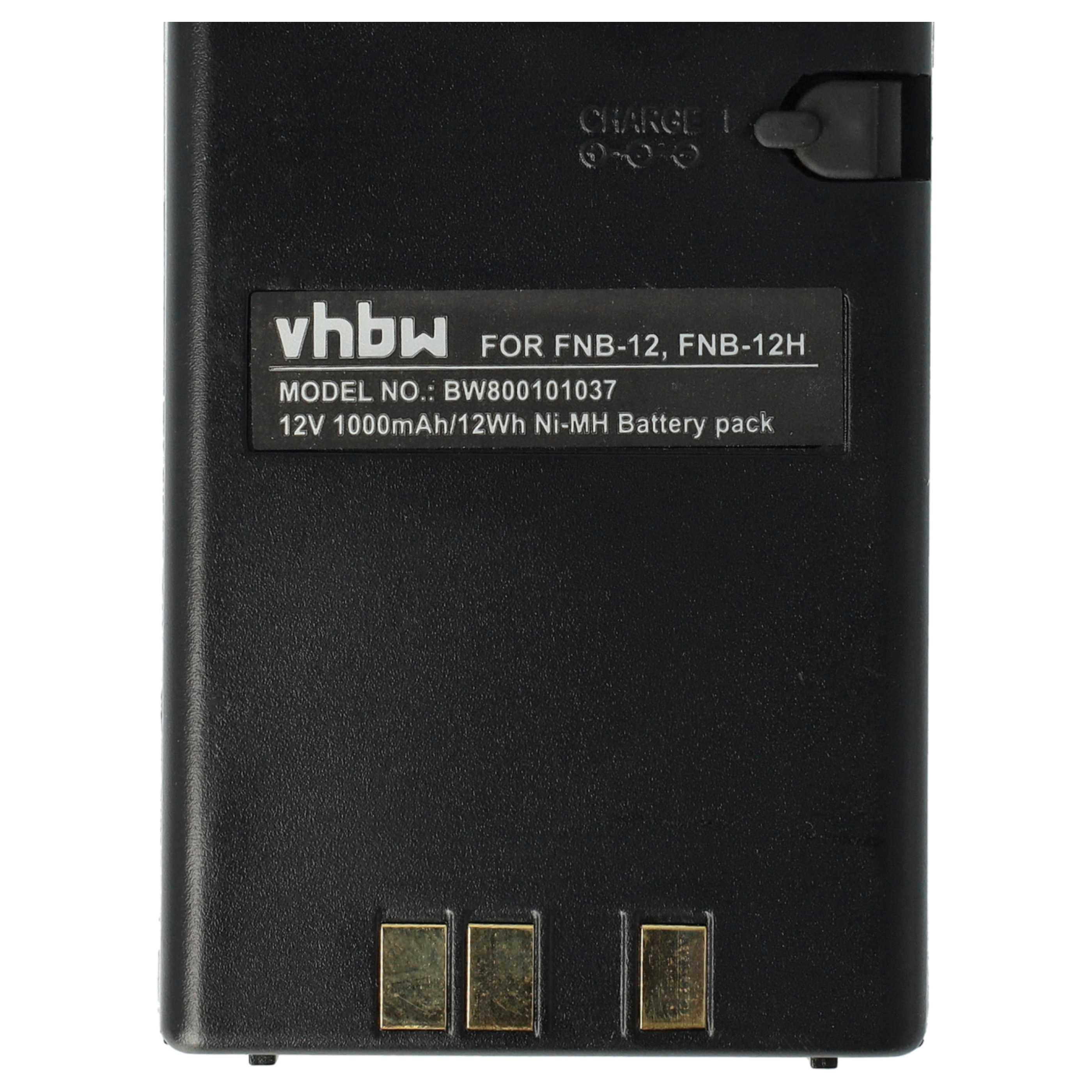 Ein schwarzer vhbw Ni-MH Akku mit einem Etikett, das Modell BW800101037 und 12V 1000mAh zeigt.