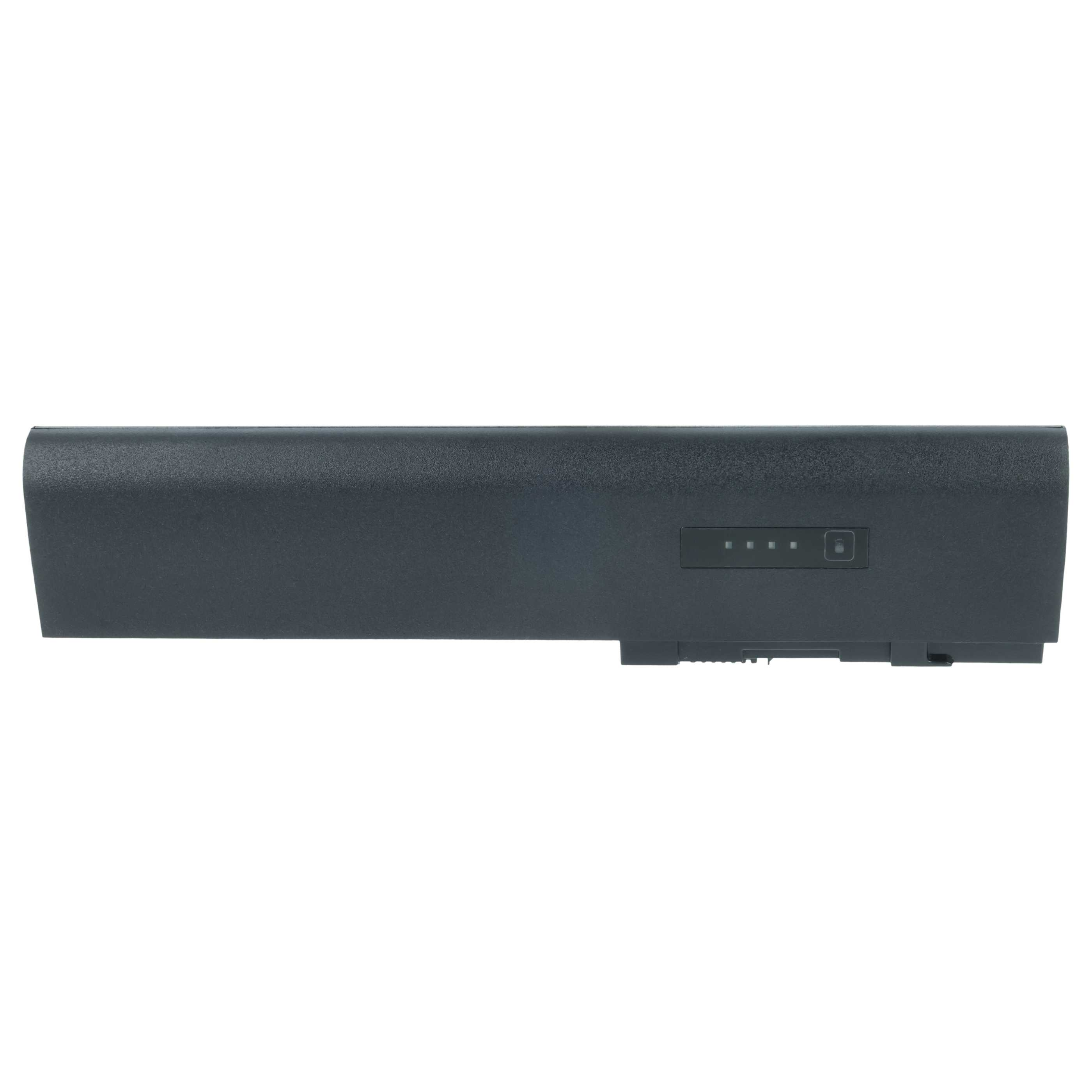 Schwarzer Laptop-Akku mit vier LED-Anzeigen und einem Power-Knopf auf einer Seite.