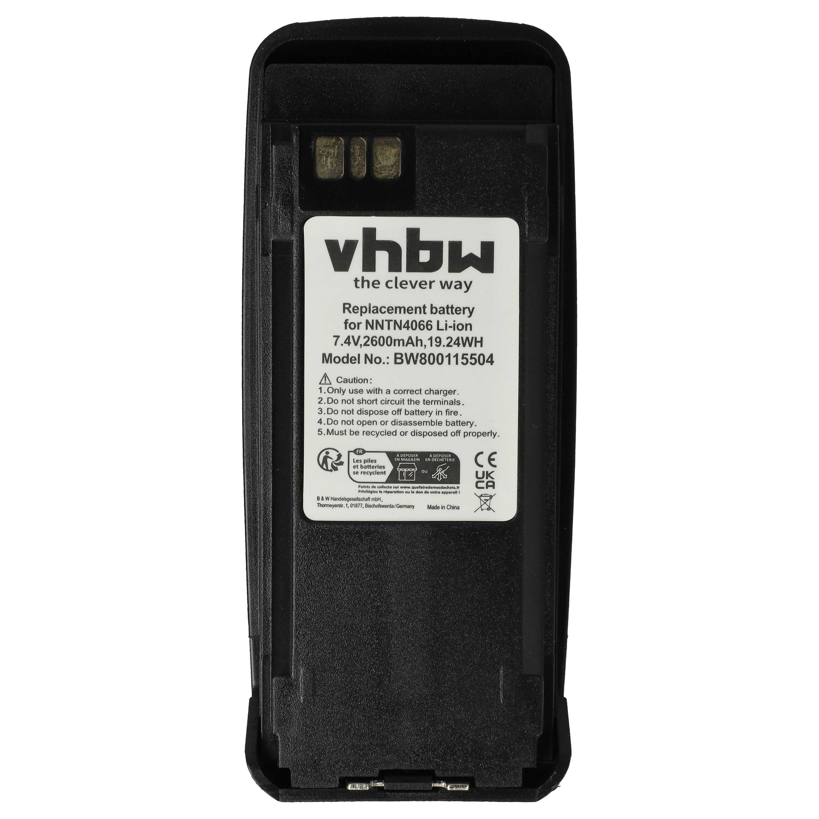 Schwarzer VHBW-Ersatzakku mit weißem Aufkleber, technischen Daten und Warnhinweisen.