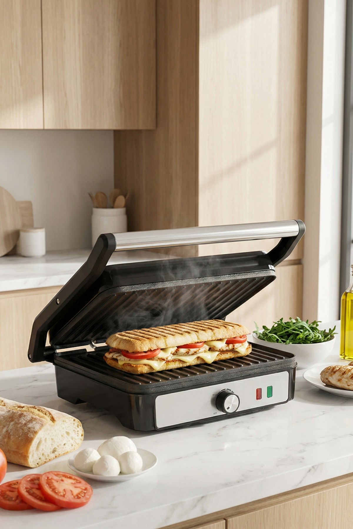 Mutfak tezgahında dumanı üstünde panini ve domates, mozzarella gibi malzemelerin olduğu bir tost makinesi.