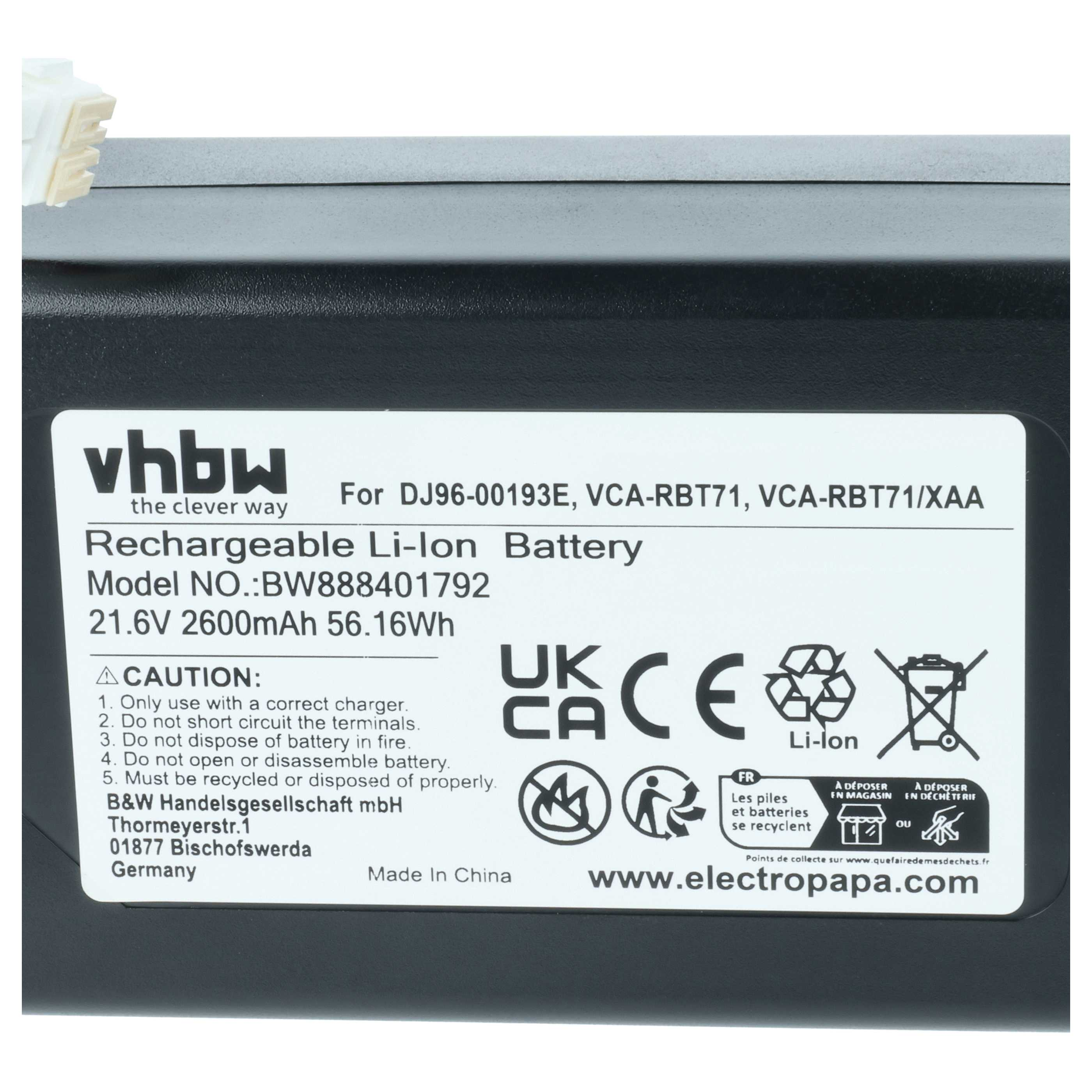 Etikett auf einer schwarzen Batterie mit Technischen Daten, Sicherheits- und Recyclinghinweisen.