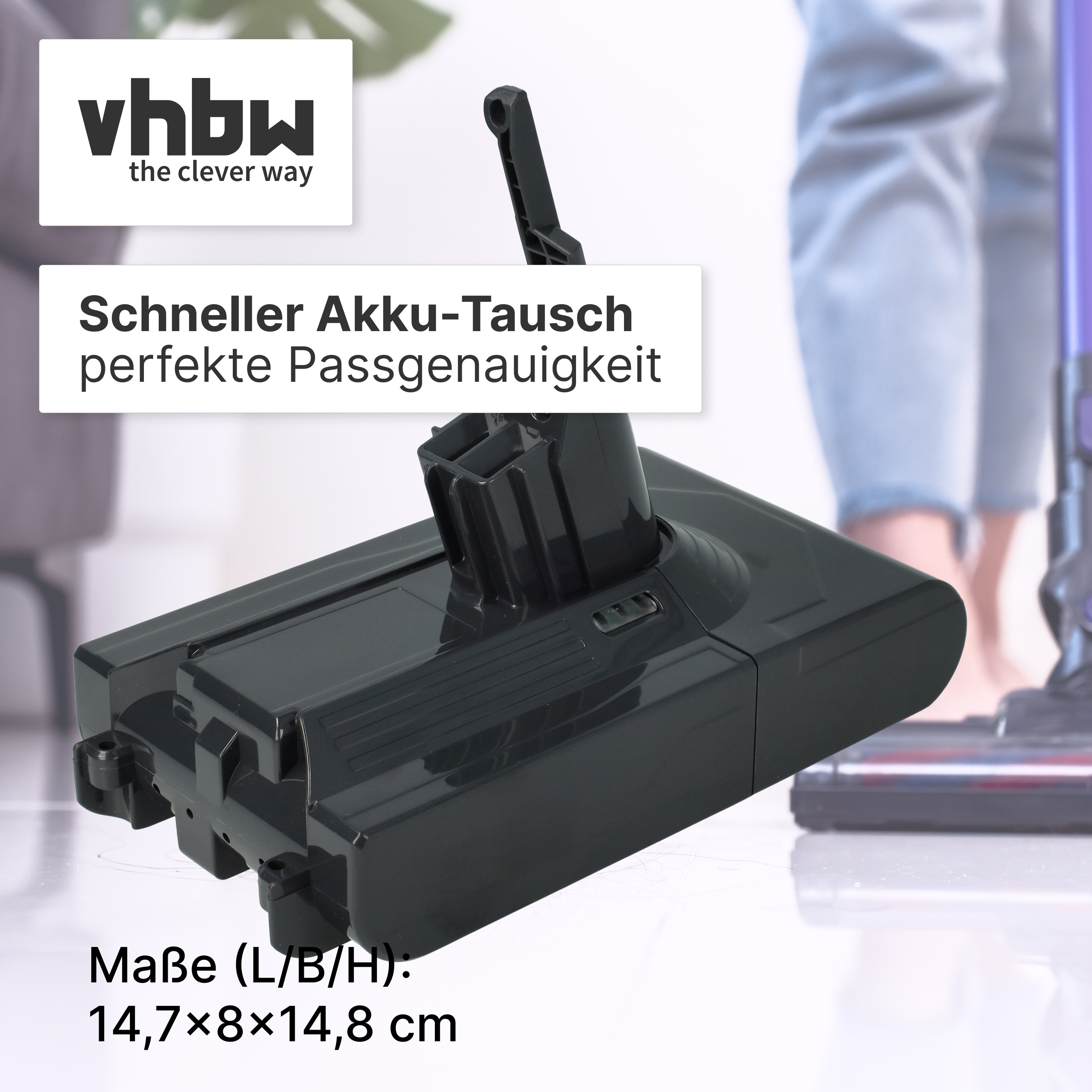 Schwarzer Staubsaugerakku mit vhbW-Logo und Text auf weißem Hintergrund.