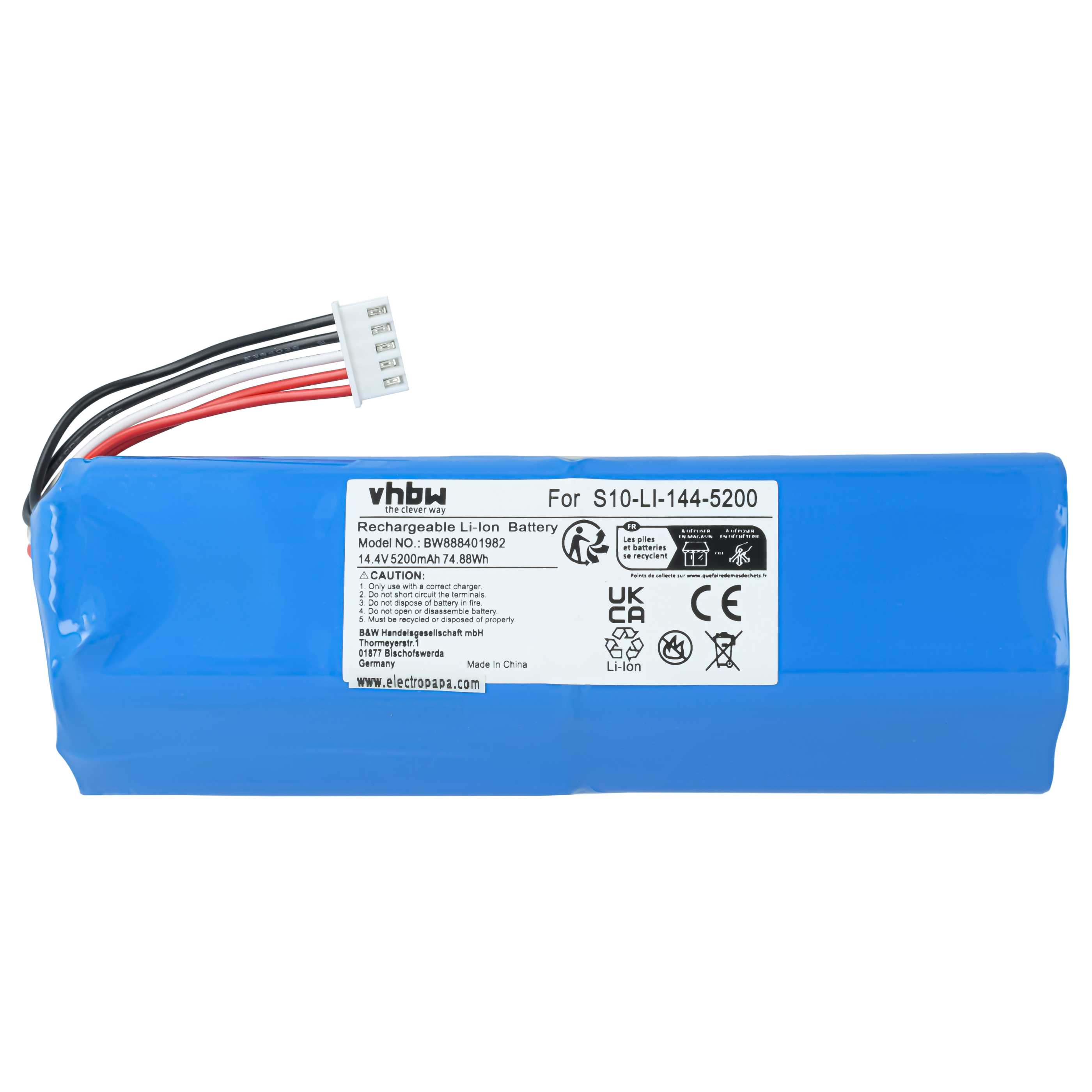 Blaue wiederaufladbare Li-Ion-Batterie mit Kabeln und weißem Stecker.
