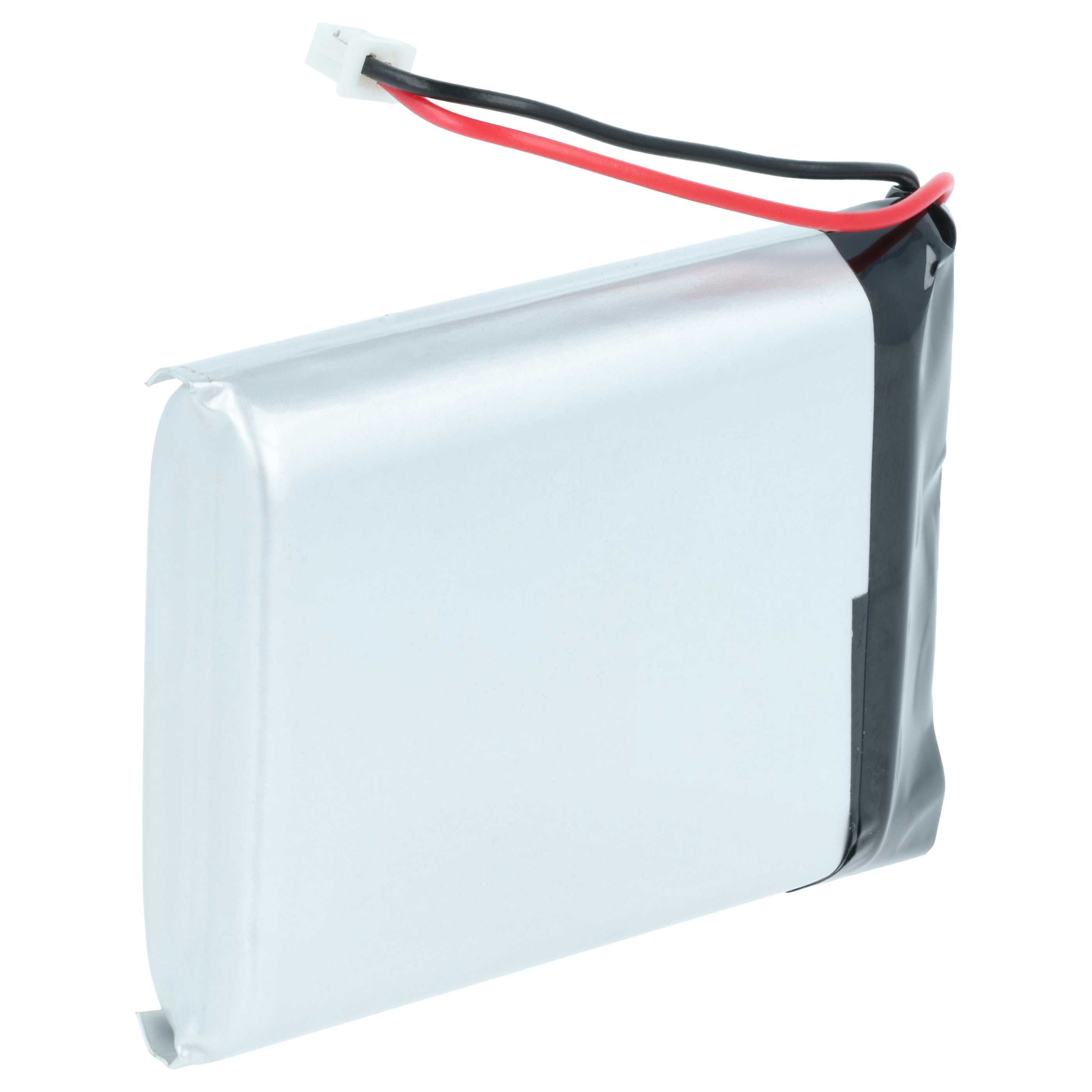 Eine rechteckige silberne Lithium-Polymer-Batterie mit roten und schwarzen Kabeln, die an einen weißen Stecker angeschlossen sind.