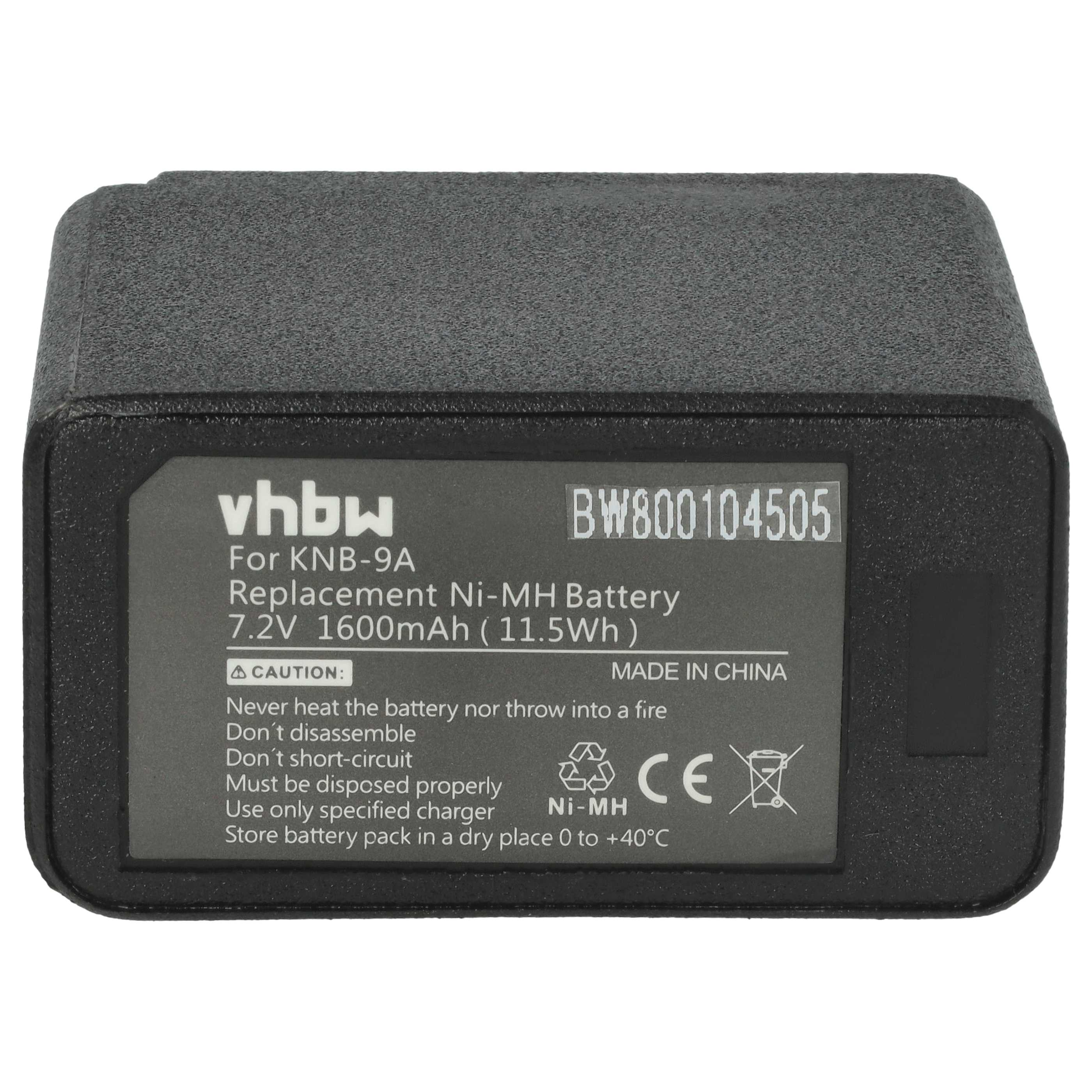 Ein schwarzer vhbw Ni-MH Ersatzakku für KNB-9A mit Textetiketten, Sicherheitshinweisen und Symbolen.