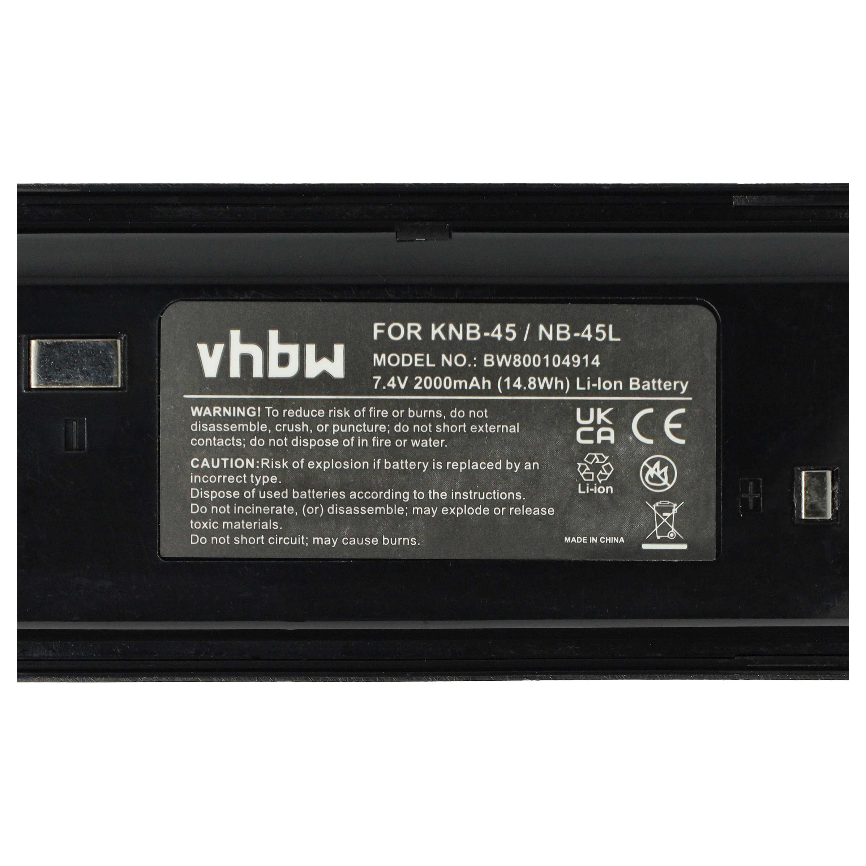 Schwarzes Akku-Etikett mit Vhbw-Logo, Modellnummer und Warnhinweisen.