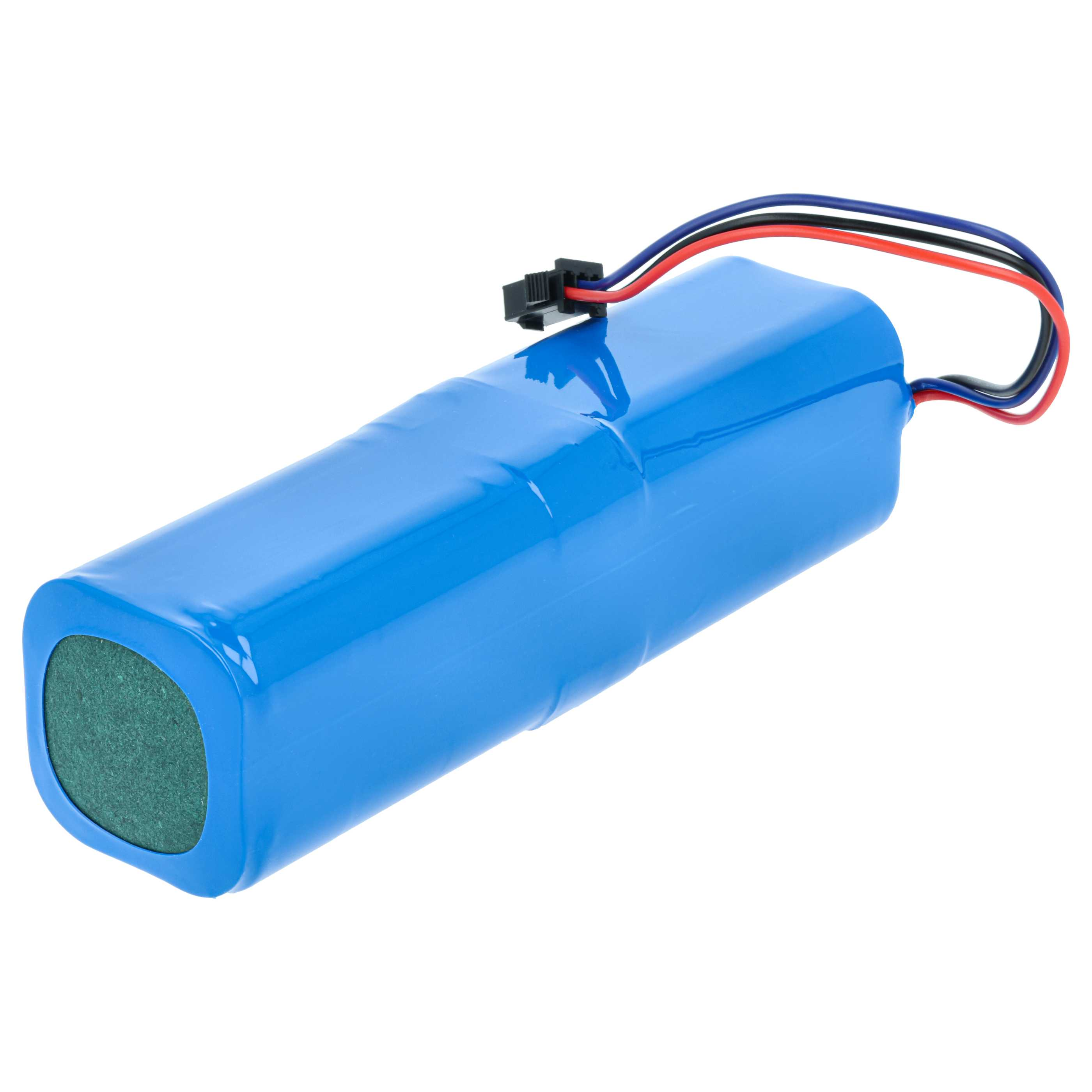 Ein blauer Akkupack mit roten, schwarzen und blauen Kabeln, die mit einem schwarzen Stecker enden.