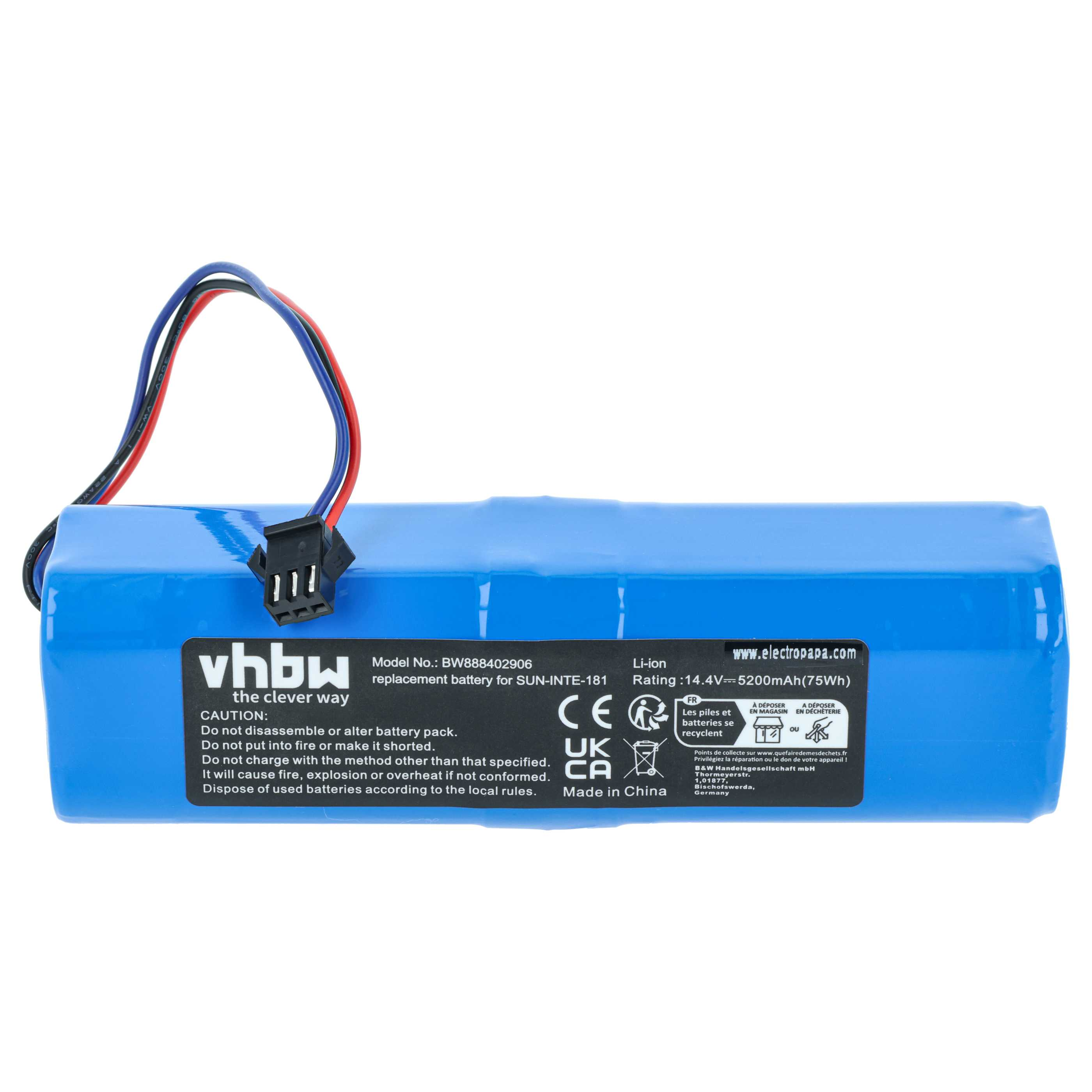 Ein blauer Li-Ion-Akku mit Kabeln und weißer Aufschrift auf einem weißen Hintergrund.