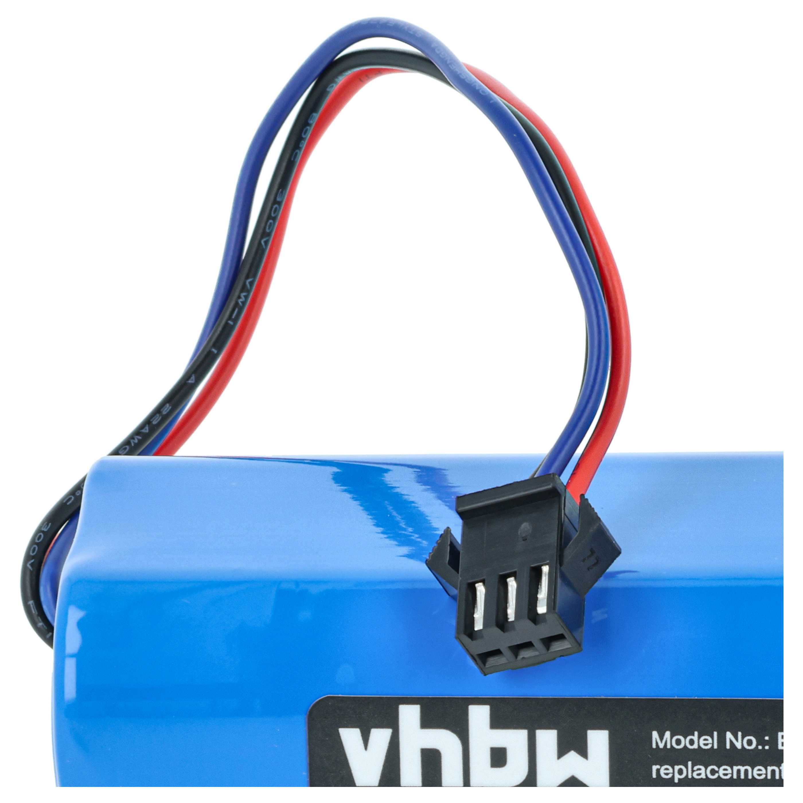 Ein blauer Akku mit drei farbigen Kabeln und einem schwarzen Stecker.