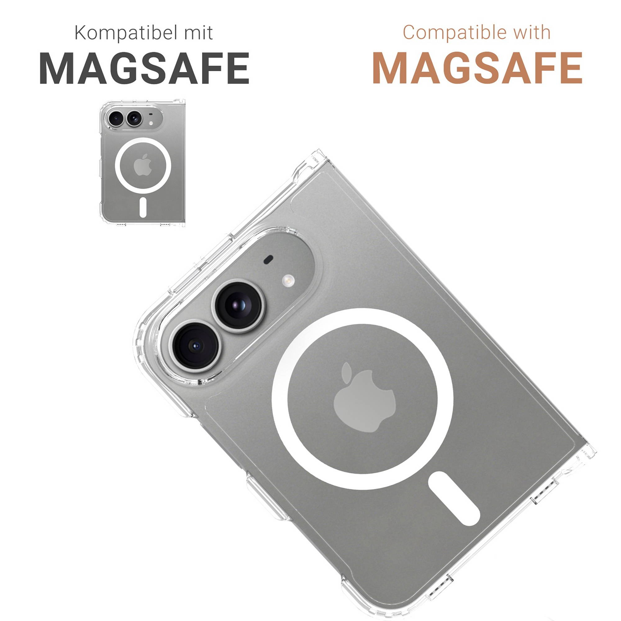 Transparente Handyhülle mit MagSafe-Ring und Kameraausschnitt auf weißem Hintergrund.