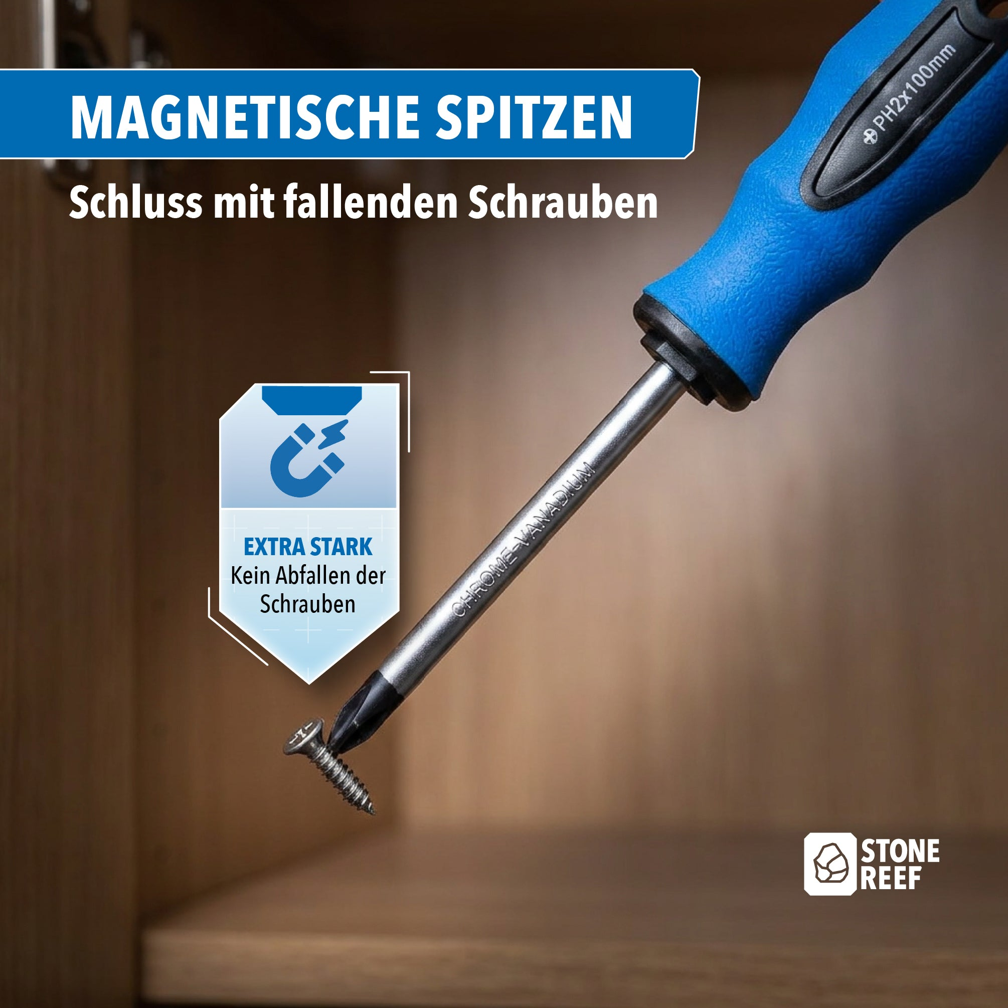 Ein blauer Schraubendreher hält mit seiner magnetischen Spitze sicher eine Schraube.