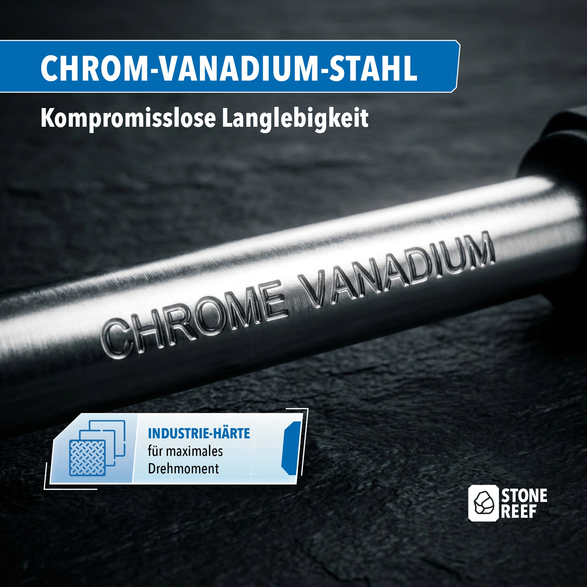 Glänzender Metallstab mit Gravur 'CHROME VANADIUM' auf schwarzem Hintergrund mit Text.