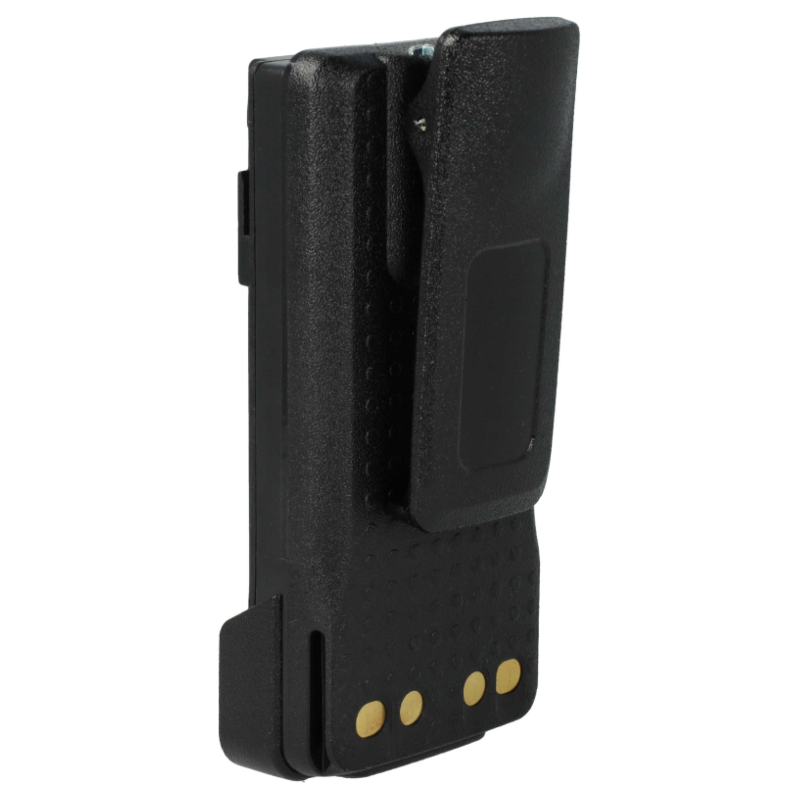 Ein schwarzer Akku mit integriertem Gürtelclip und goldenen Kontaktpunkten.