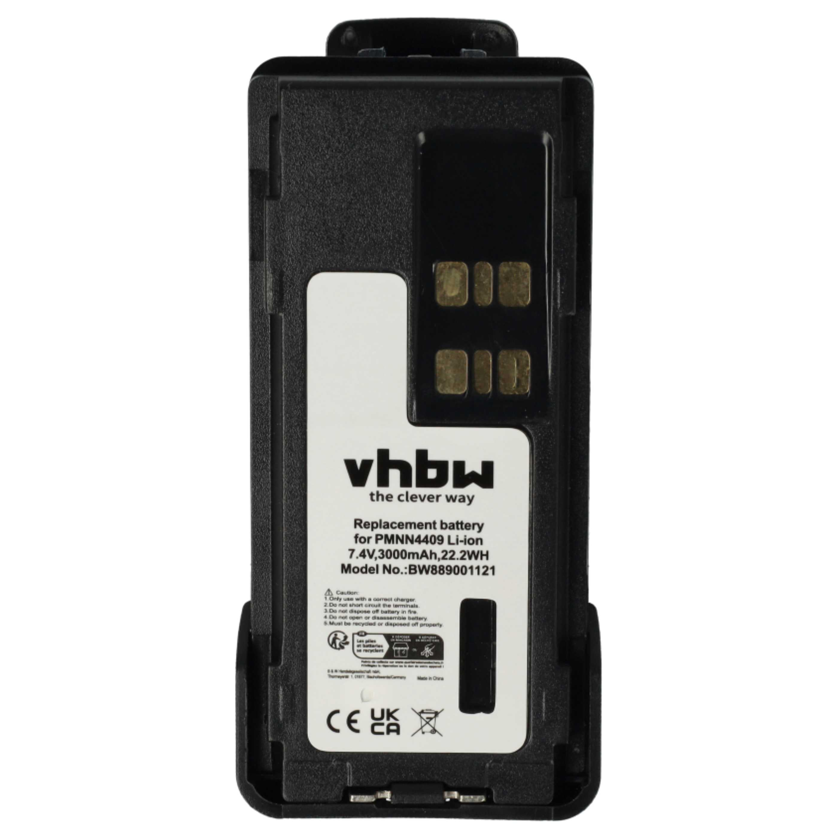 Schwarze VHBW Li-Ion Ersatzbatterie mit weißem Etikett, 7.4V, 3000mAh, mit goldenen Kontakten.