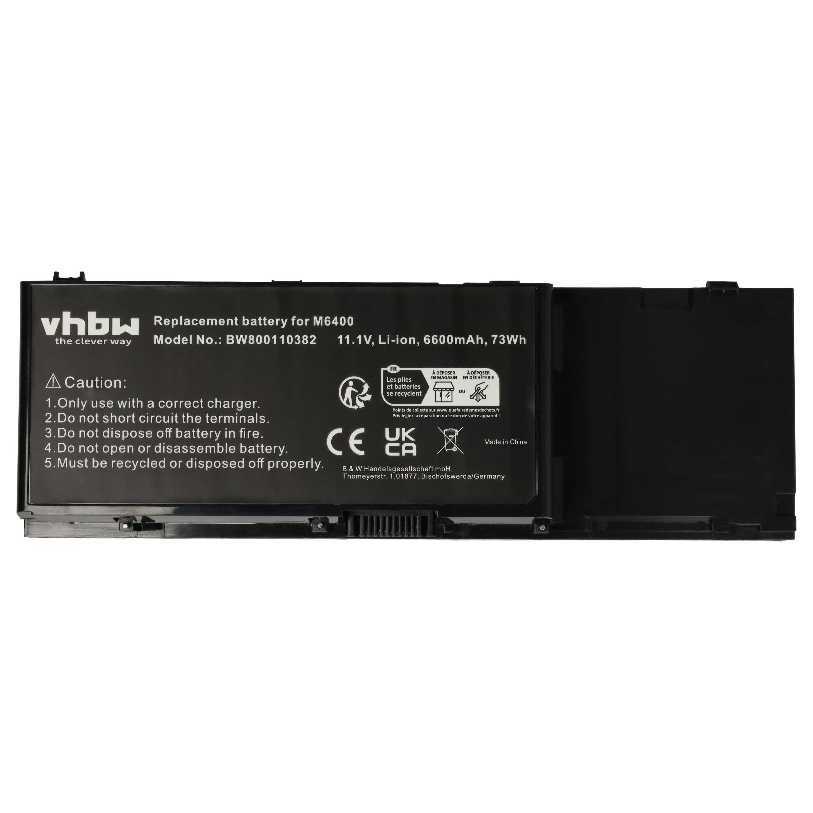 Schwarze Laptop-Ersatzbatterie mit technischen Daten und Warnhinweisen.